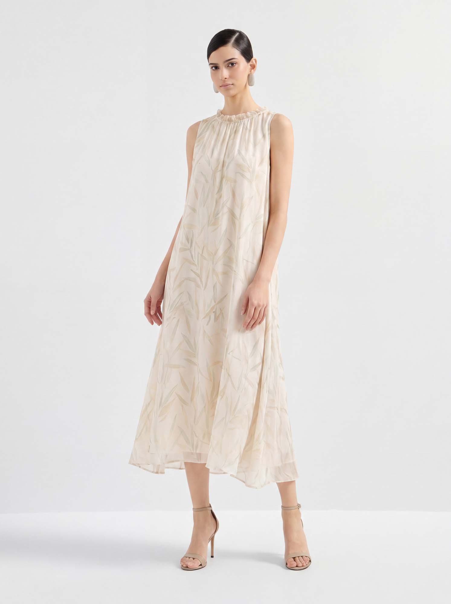 Beige Silk Crew Neck Print Midi Dress