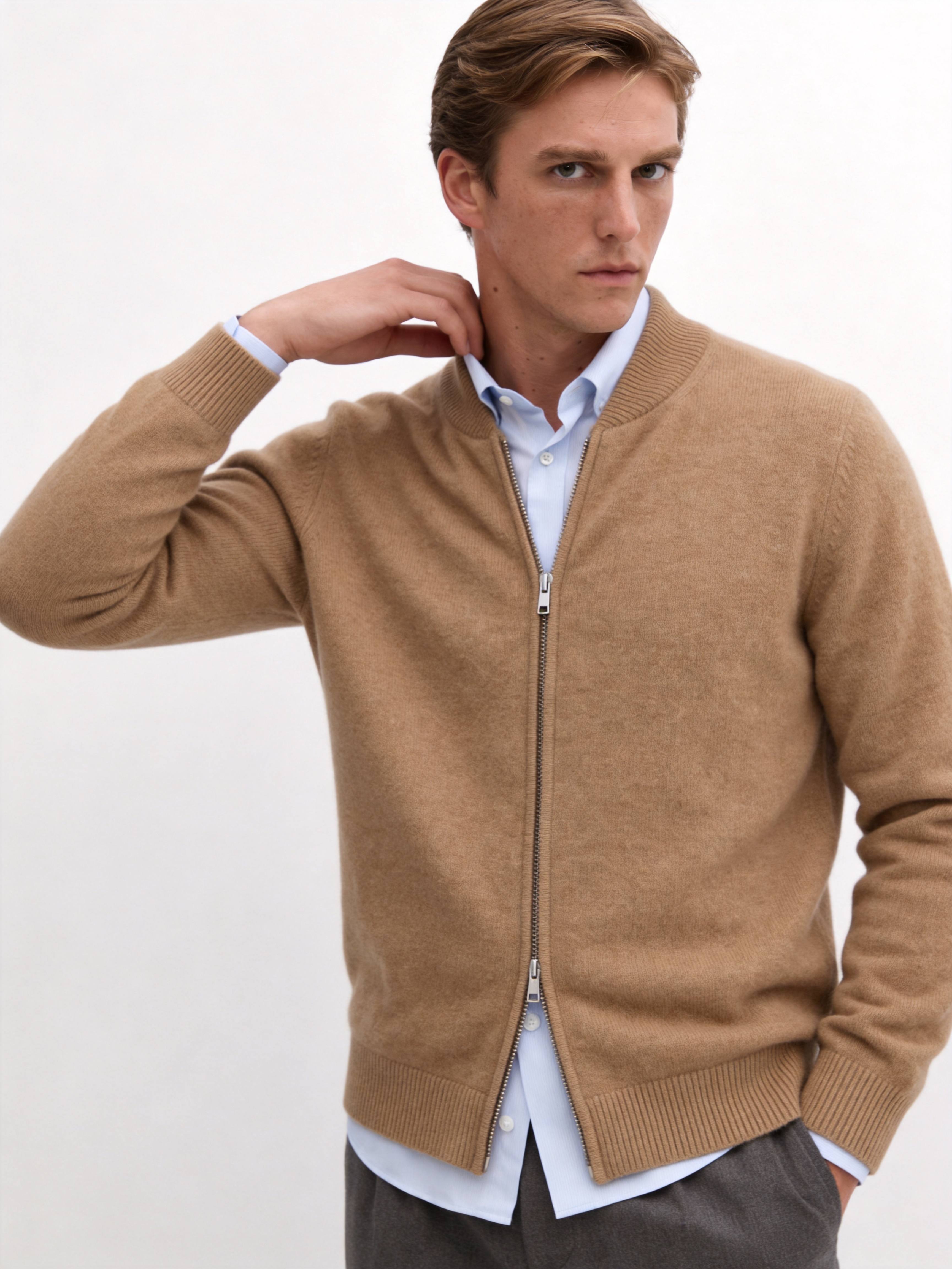 Men's 100% Cashmere Baseball Collar Zip Knit Cardigan