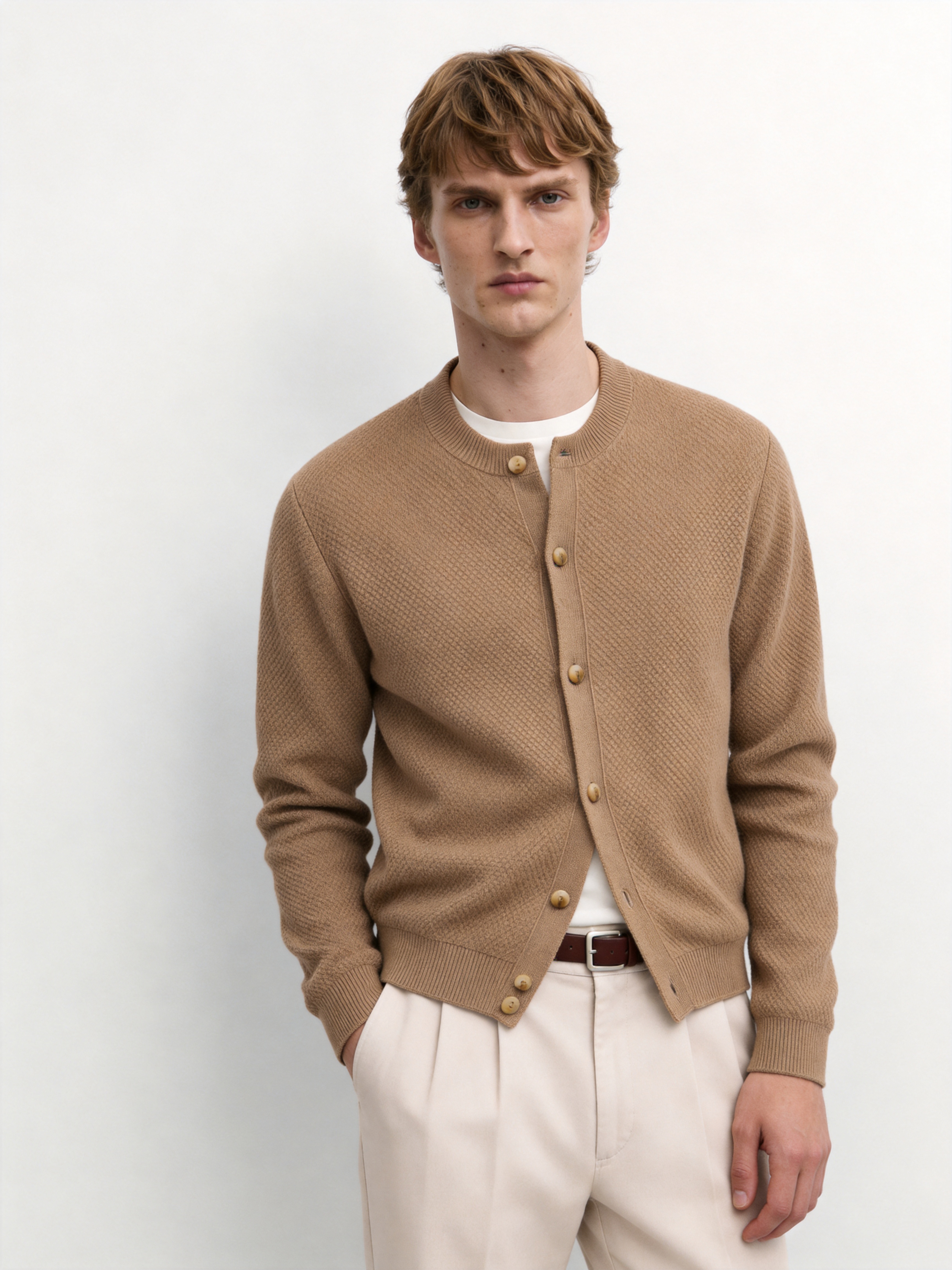 Men's 100% Cashmere Honeycomb Knit Crew Neck Cardigan