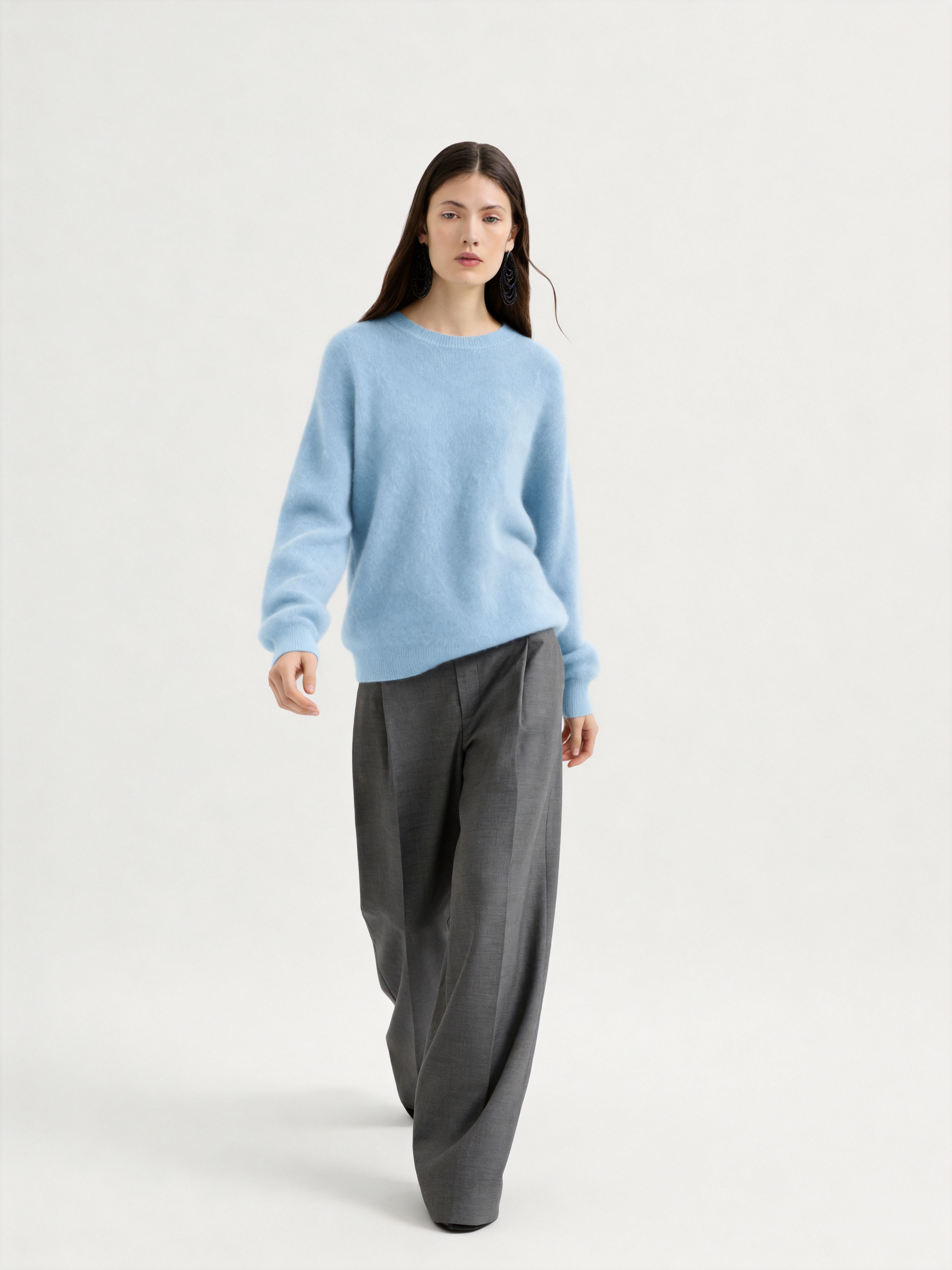 Wool Blend Brushed Crew Neck Long Sleeve Sweater