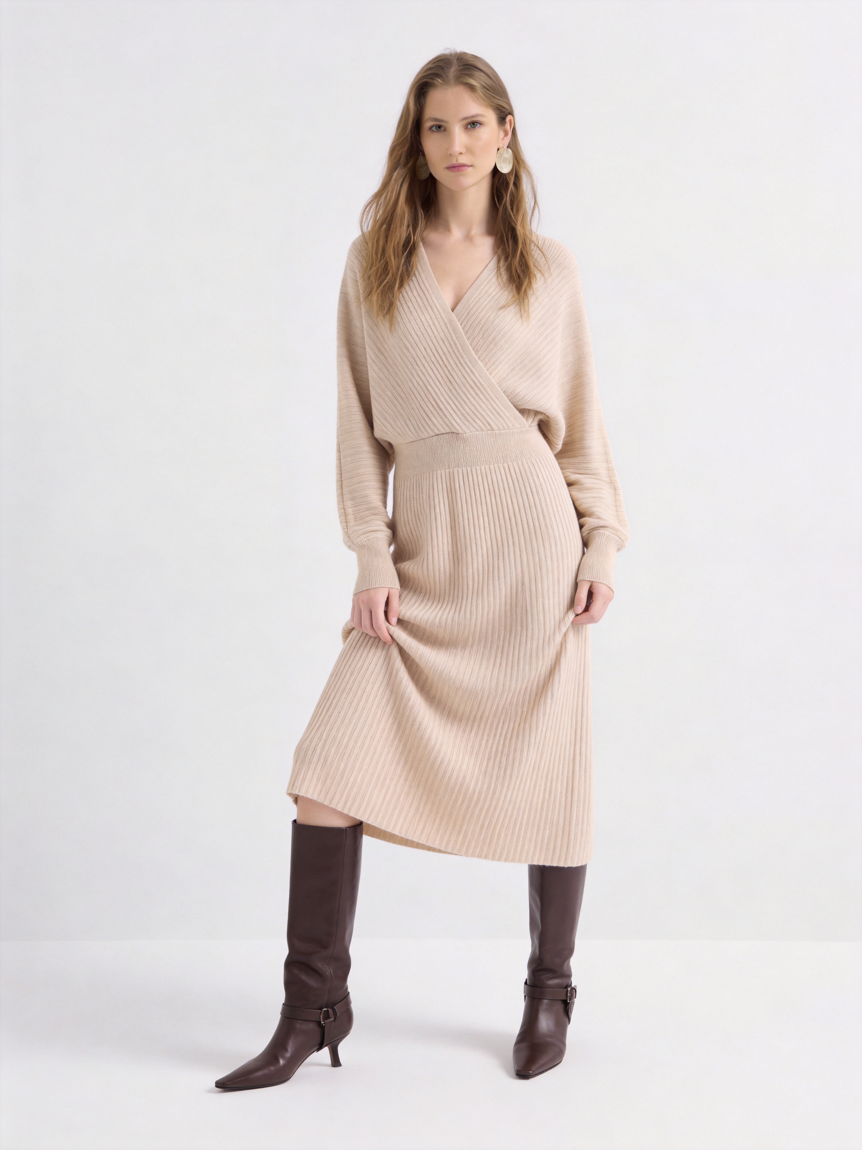 100% Cashmere Surplice V Neck Ribbed Long Sleeve Midi Sweater Dress