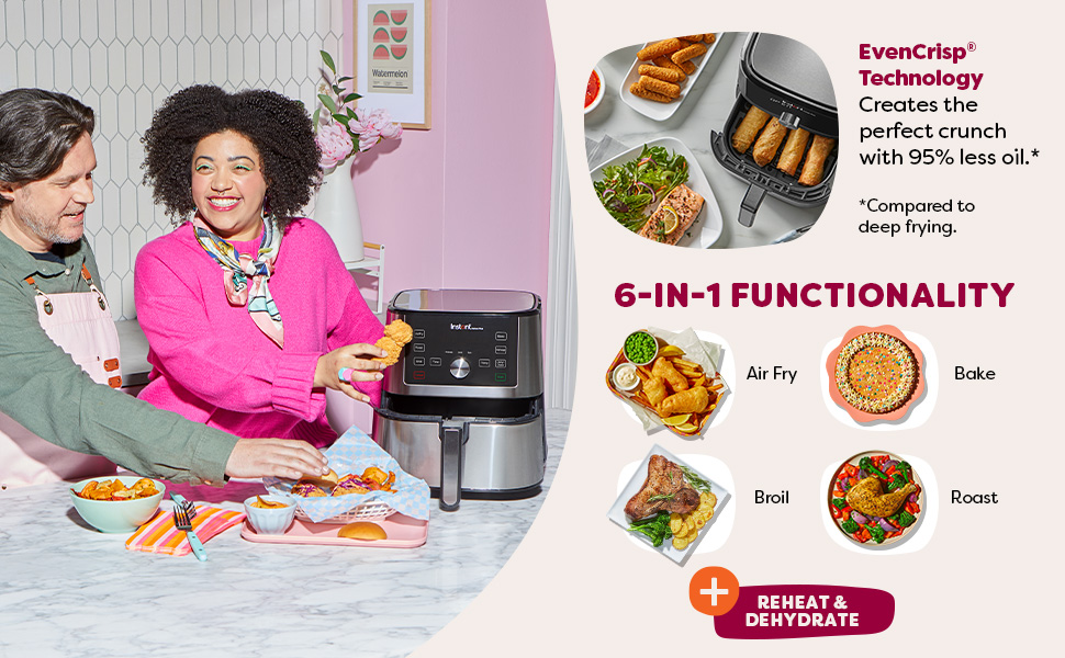 Vortex Plus with a plate of food beside it. Text highlights 7-in-1 functions