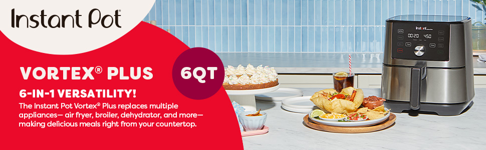Instant Pot 6 quart Vortex Plus Air fryer, showcasing the air fryer on a kitchen table with dishes.
