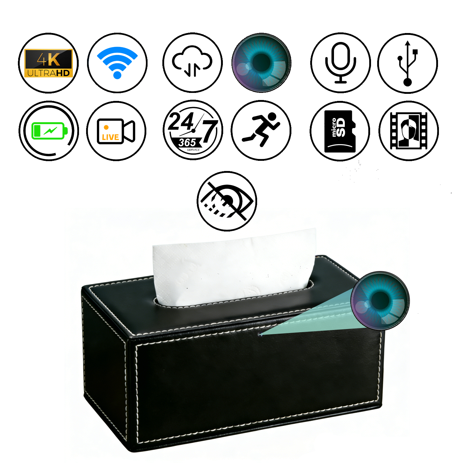 Tissue Box Hidden Cam – No Glow Lens, Watch Together, Smart Assistant