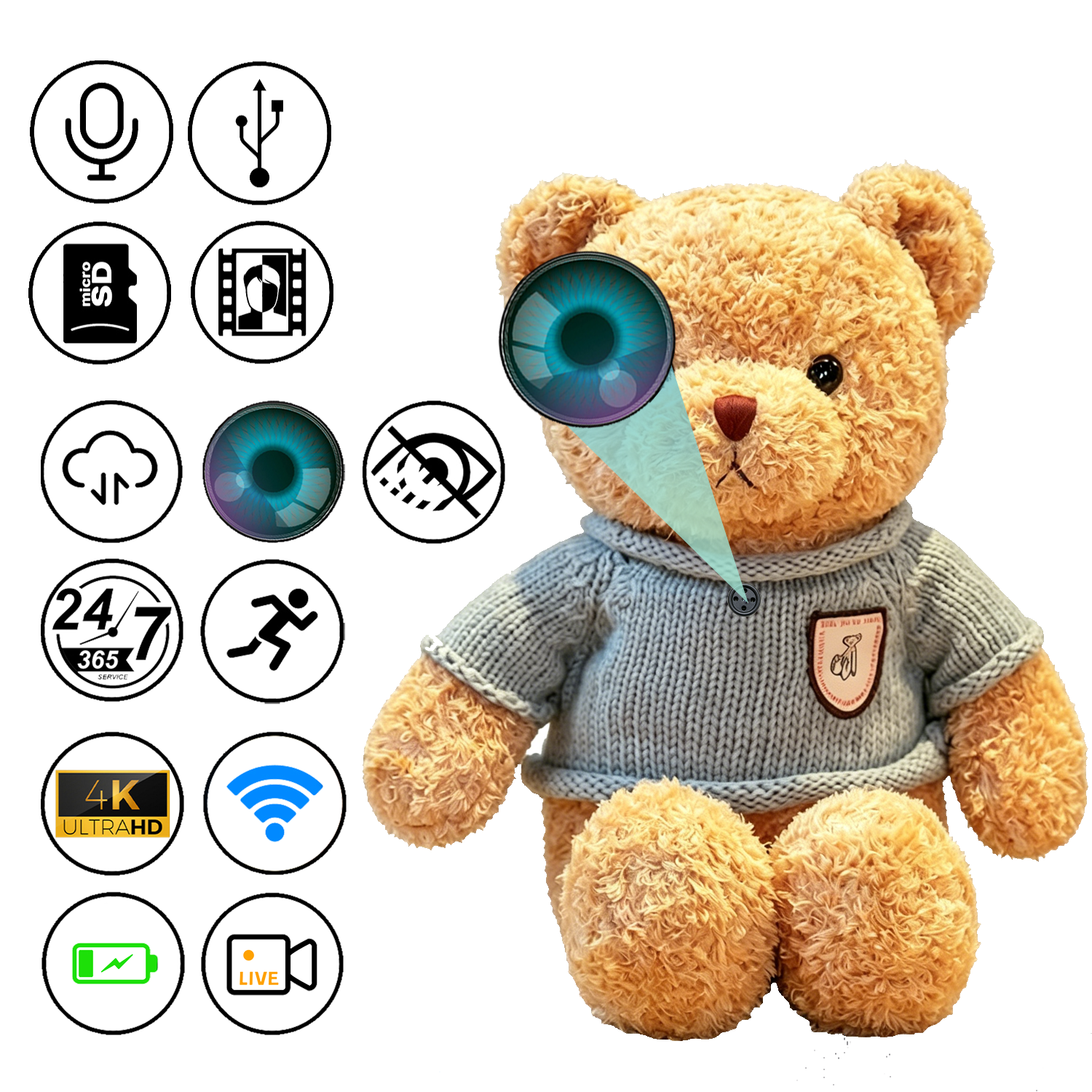 Teddy Bear Smart Camera, Rechargeable Home Monitoring Camera with Motion Detection