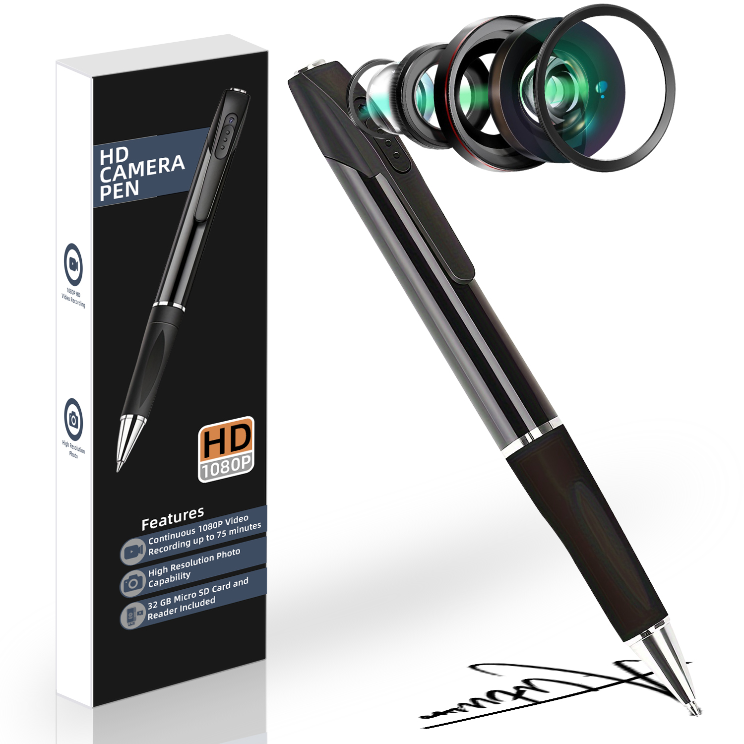 Mini 1080P Pen Camera with 32GB/64GB Storage, Portable Writing Pen Camera with USB-C Connection, Motion Recording, Rechargeable Battery for Indoor Recording