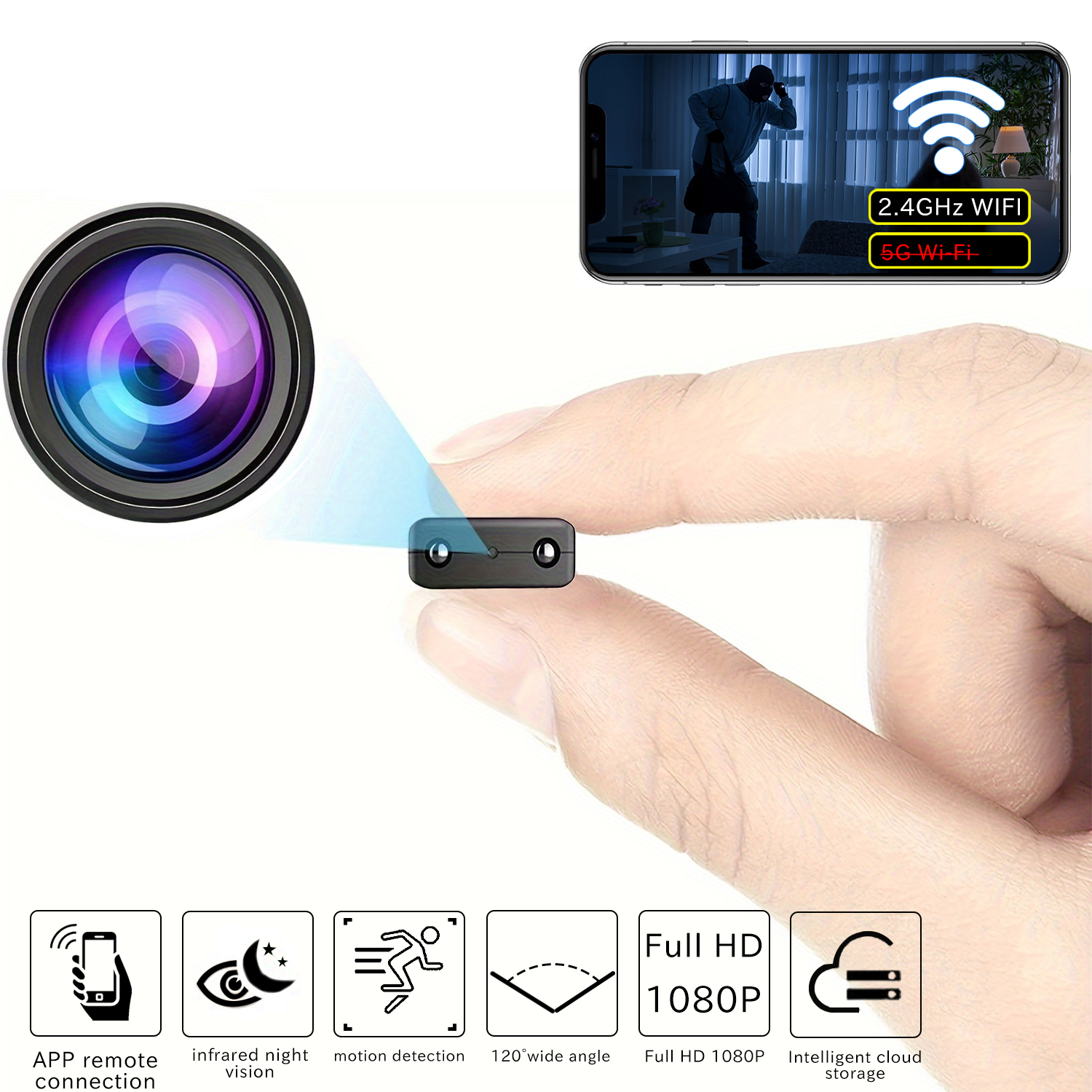 1080P WiFi Mini Security Camera with Motion Detection, Infrared Night Vision, 120° Wide Angle, Remote App Monitoring and Loop Recording for Home and Office Security