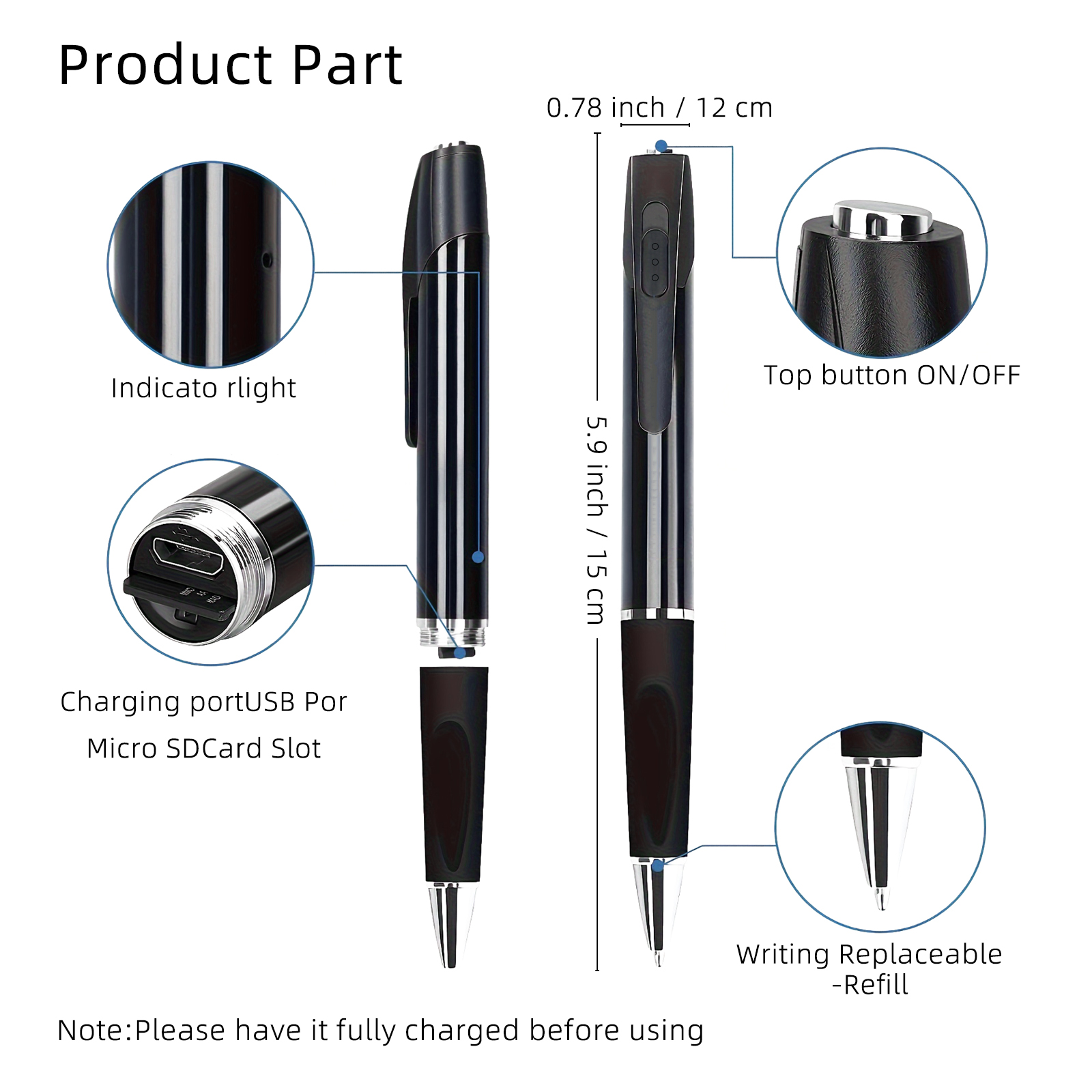 Mini 1080P Pen Camera with 32GB/64GB Storage, Portable Writing Pen Camera with USB-C Connection, Motion Recording, Rechargeable Battery for Indoor Recording