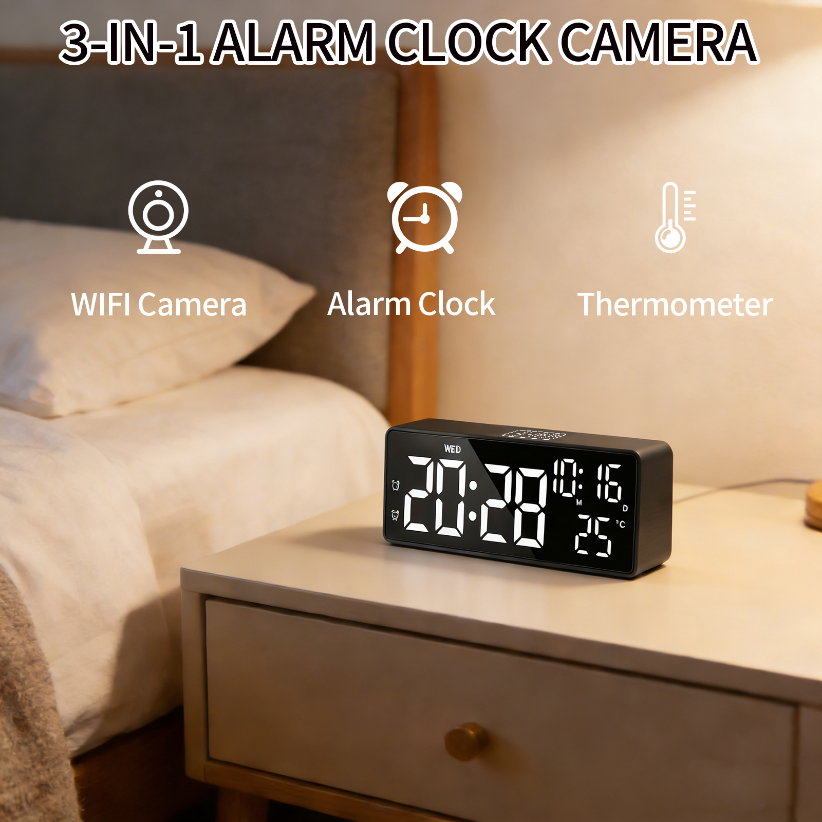 LED Digital Alarm Clock with Hidden Camera, 1080P HD WiFi Monitoring, Temperature Display, Motion Detection, Night Vision, Snooze Function and Countdown Timer