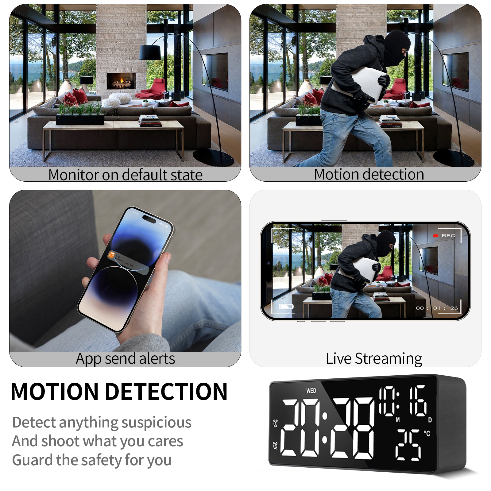 LED Digital Alarm Clock with Hidden Camera, 1080P HD WiFi Monitoring, Temperature Display, Motion Detection, Night Vision, Snooze Function and Countdown Timer