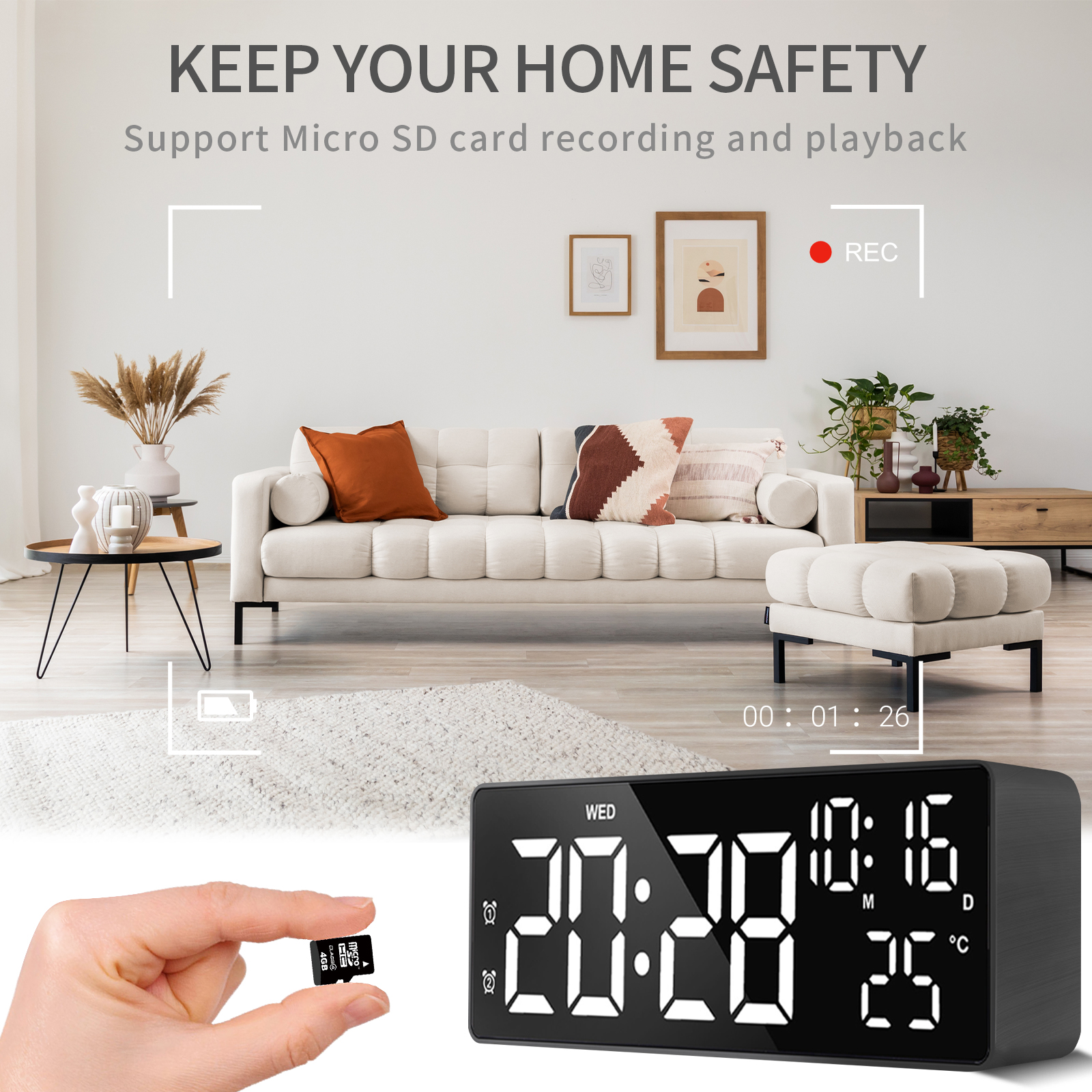 LED Digital Alarm Clock with Hidden Camera, 1080P HD WiFi Monitoring, Temperature Display, Motion Detection, Night Vision, Snooze Function and Countdown Timer