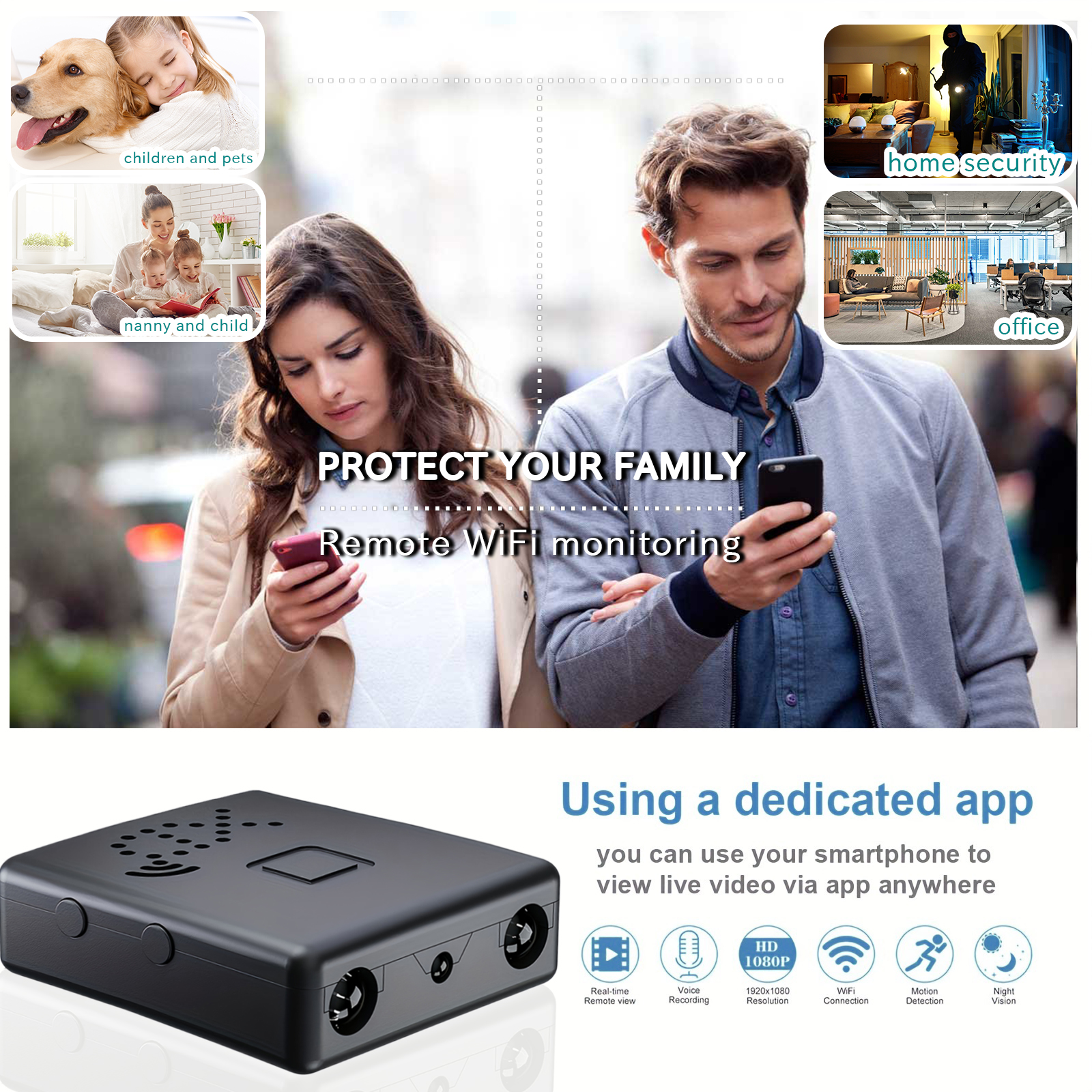 1080P WiFi Mini Security Camera with Motion Detection, Infrared Night Vision, 120° Wide Angle, Remote App Monitoring and Loop Recording for Home and Office Security