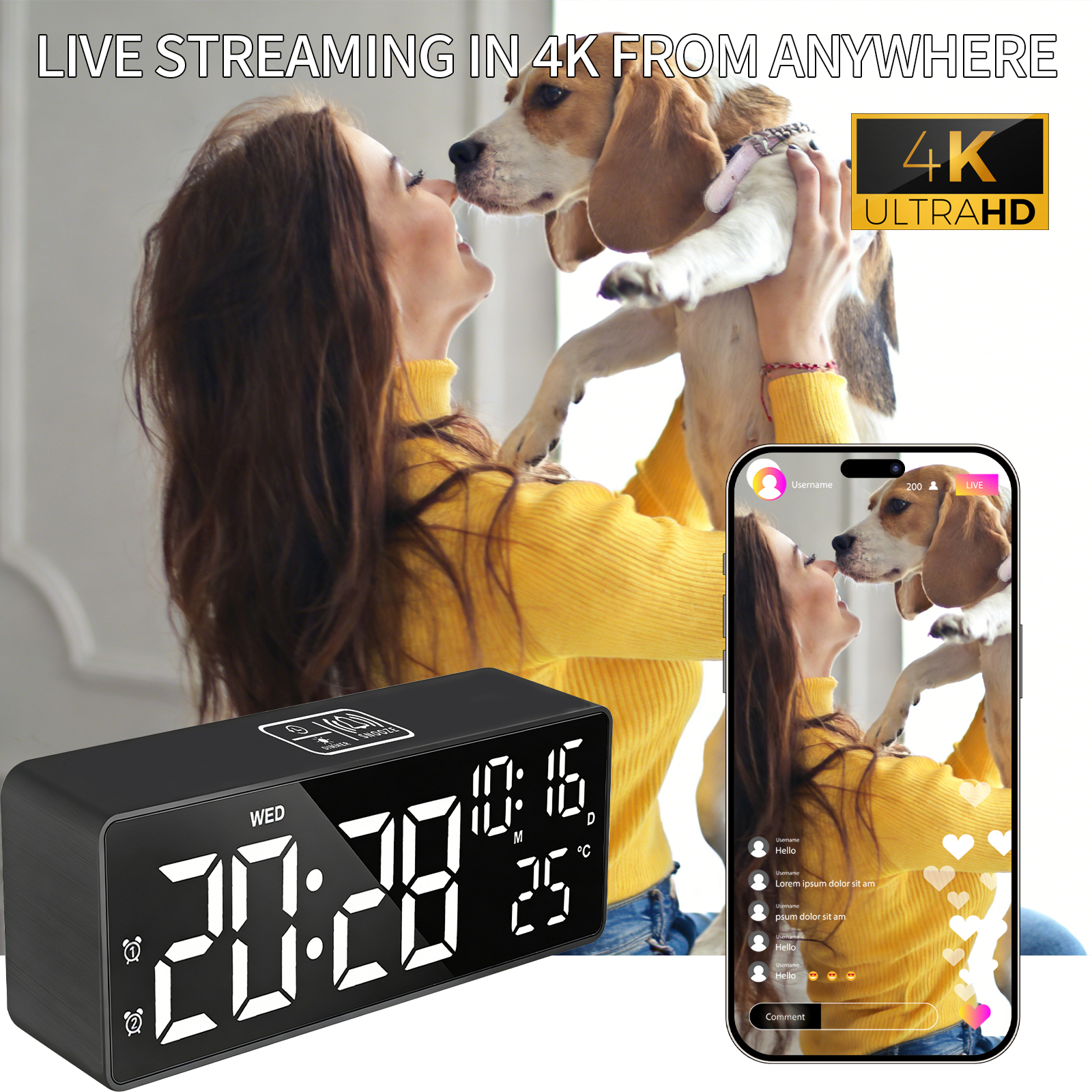 LED Digital Alarm Clock with Hidden Camera, 1080P HD WiFi Monitoring, Temperature Display, Motion Detection, Night Vision, Snooze Function and Countdown Timer