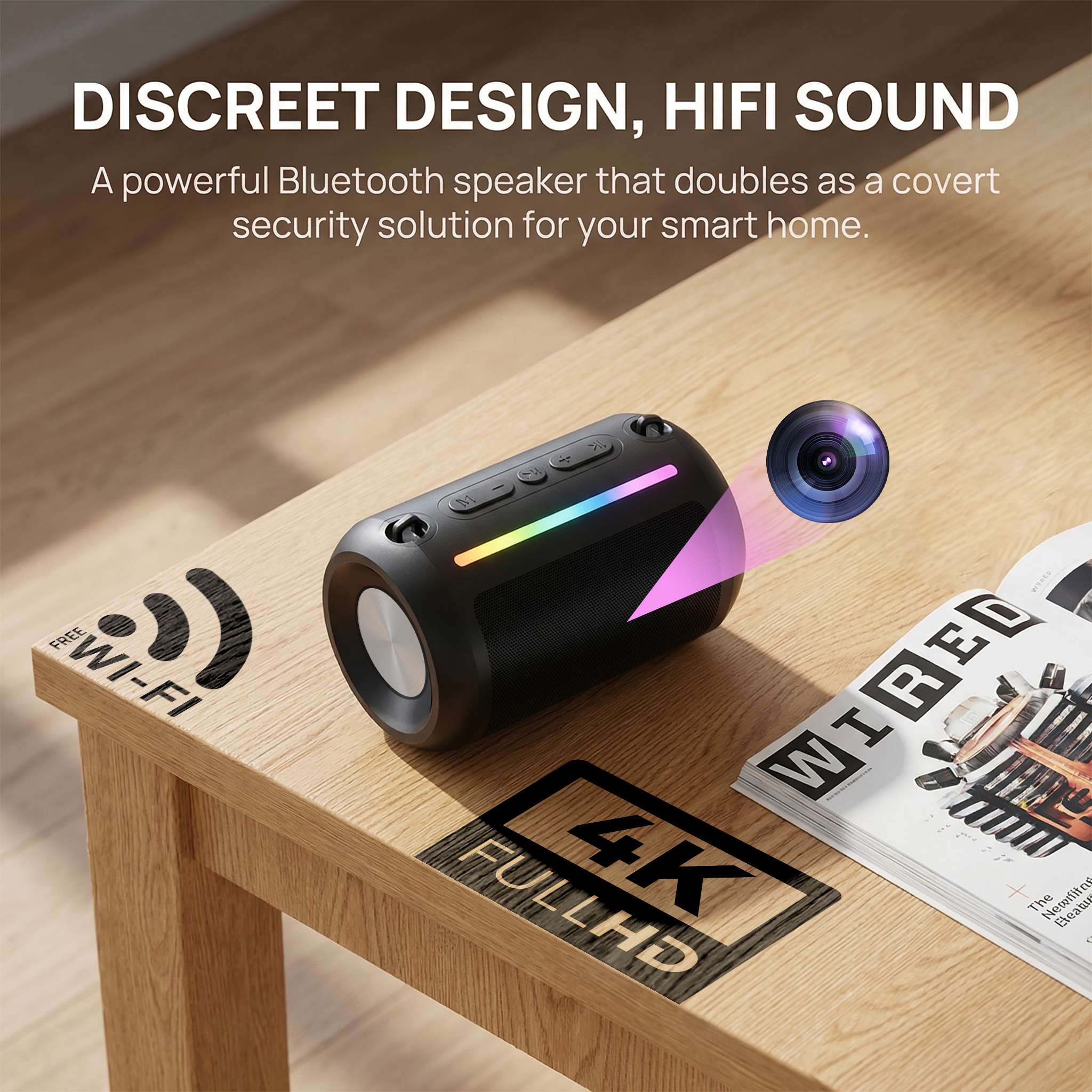 Smart Speaker Camera Device – Wireless HD 1080P Video Recorder with WiFi, Motion Detection & Loop Recording