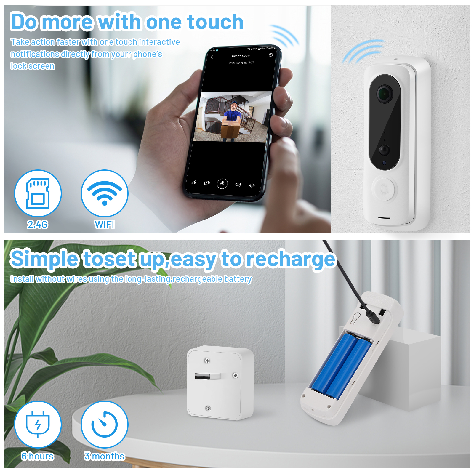 Wireless Smart Video Doorbell Camera with AI Human Detection, Two-Way Audio, PIR Motion Alert & Free Cloud Storage