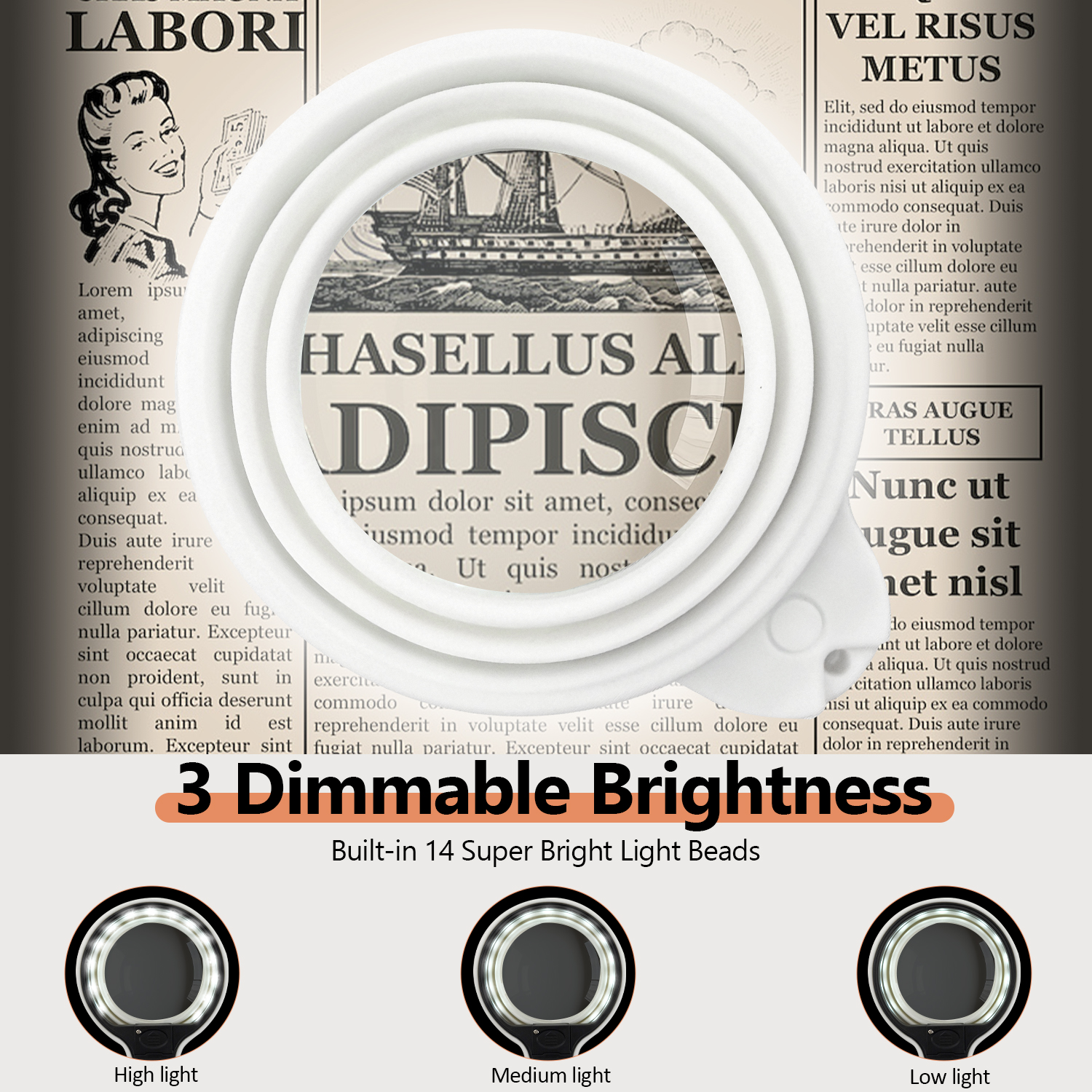 LED Magnifying Glass with Light – 3-Level Dimmable Reading Magnifier, Hands-Free Design for Seniors & Low Vision