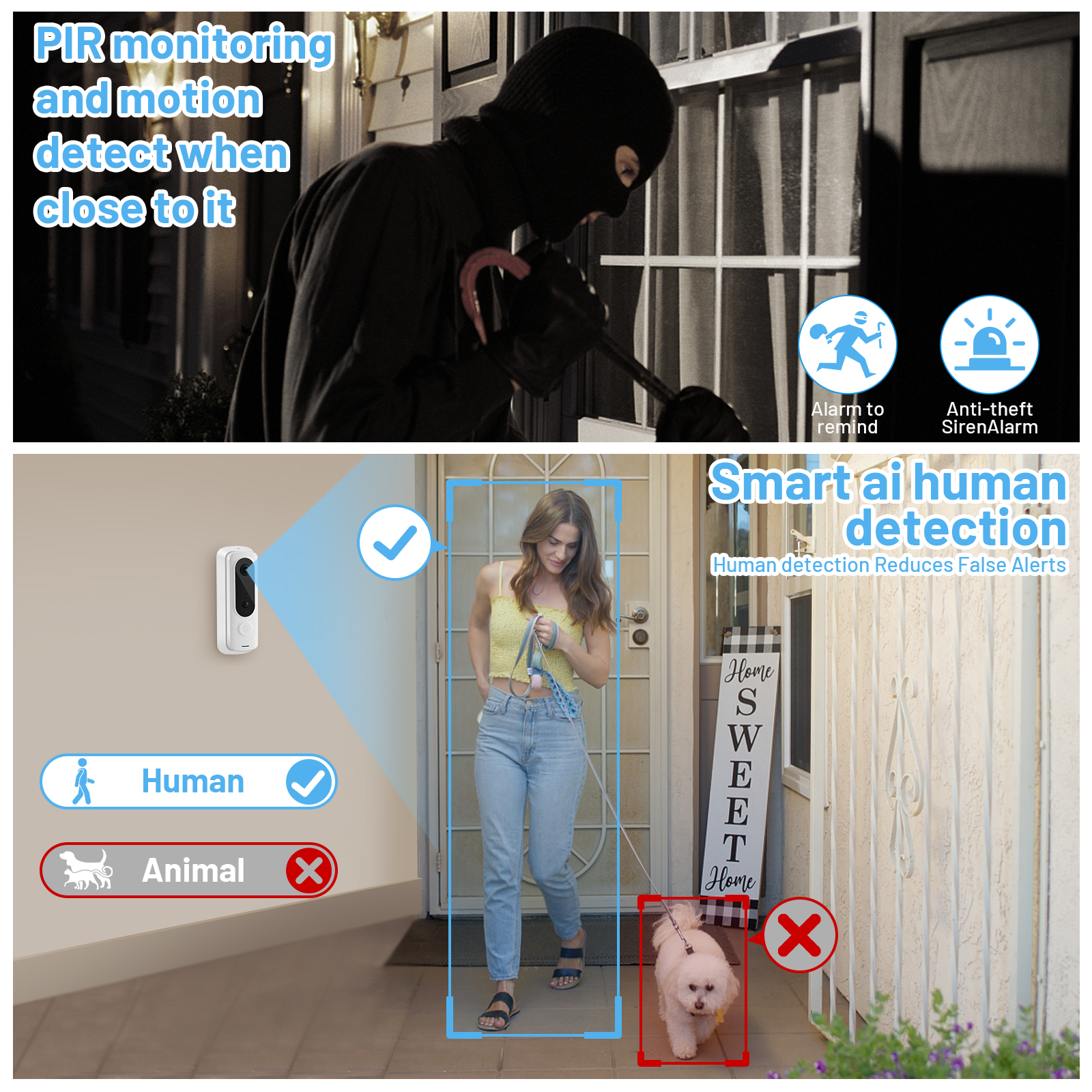 Wireless Smart Video Doorbell Camera with AI Human Detection, Two-Way Audio, PIR Motion Alert & Free Cloud Storage