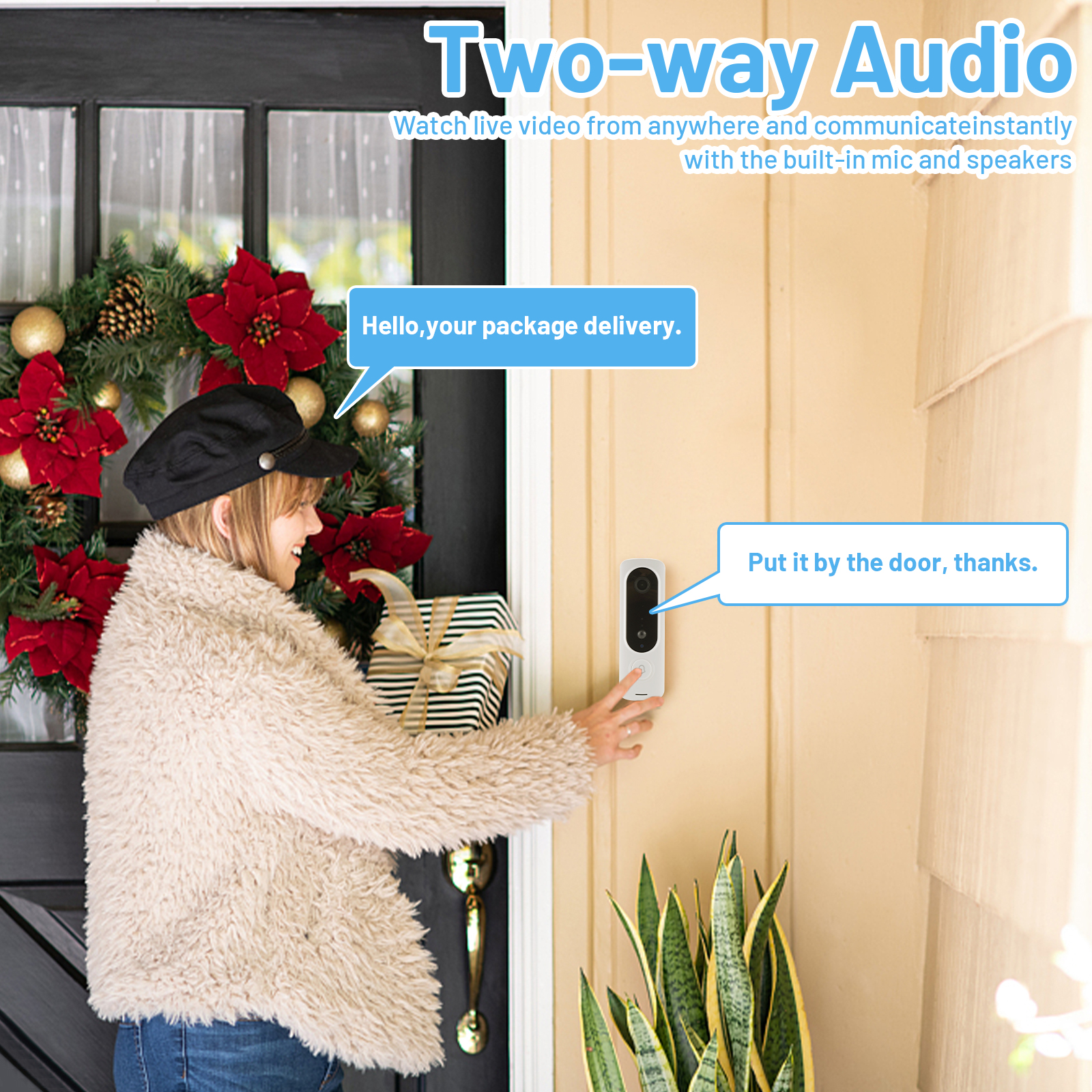 Wireless Smart Video Doorbell Camera with AI Human Detection, Two-Way Audio, PIR Motion Alert & Free Cloud Storage