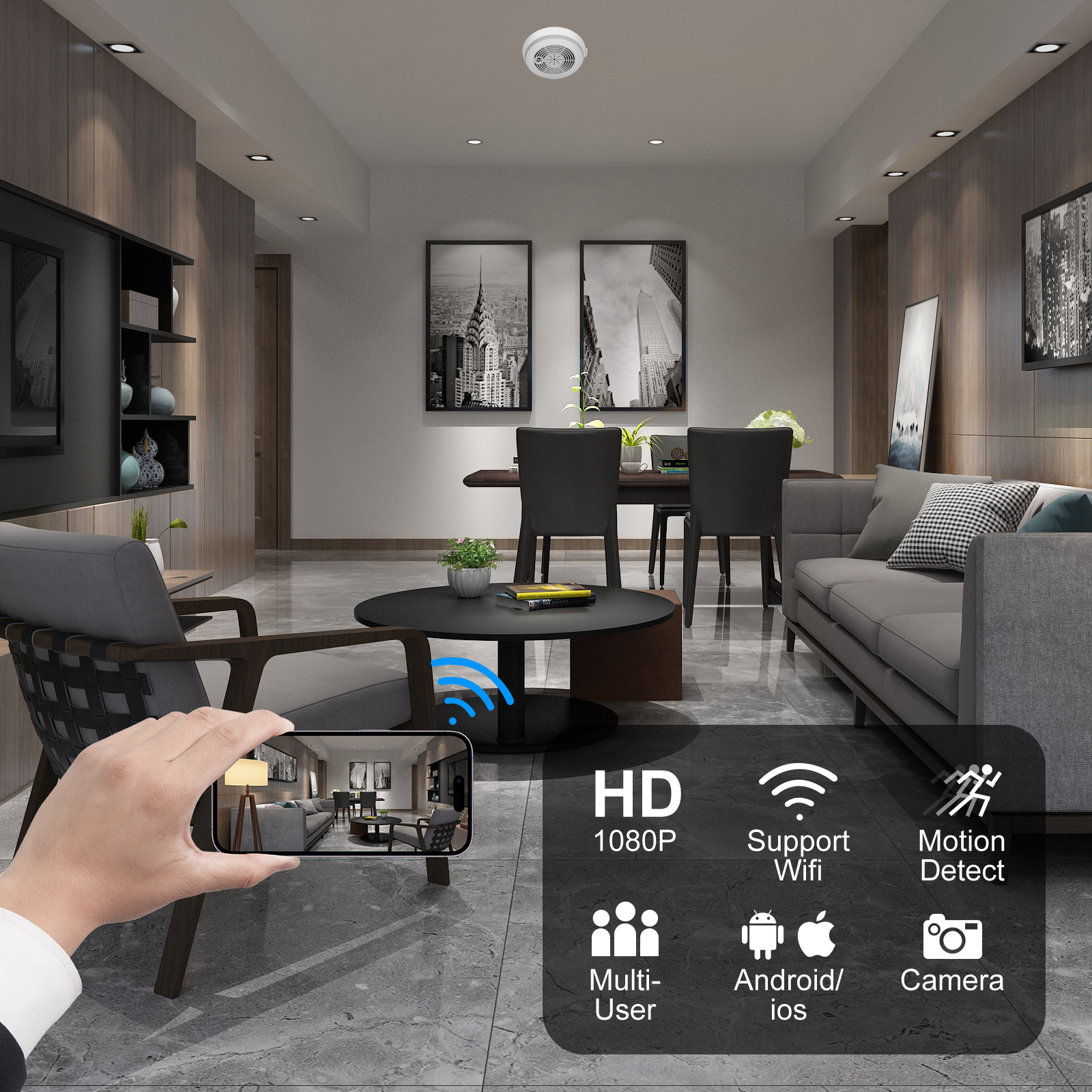 WiFi Ceiling Mount Indoor Security Camera with Motion Alerts