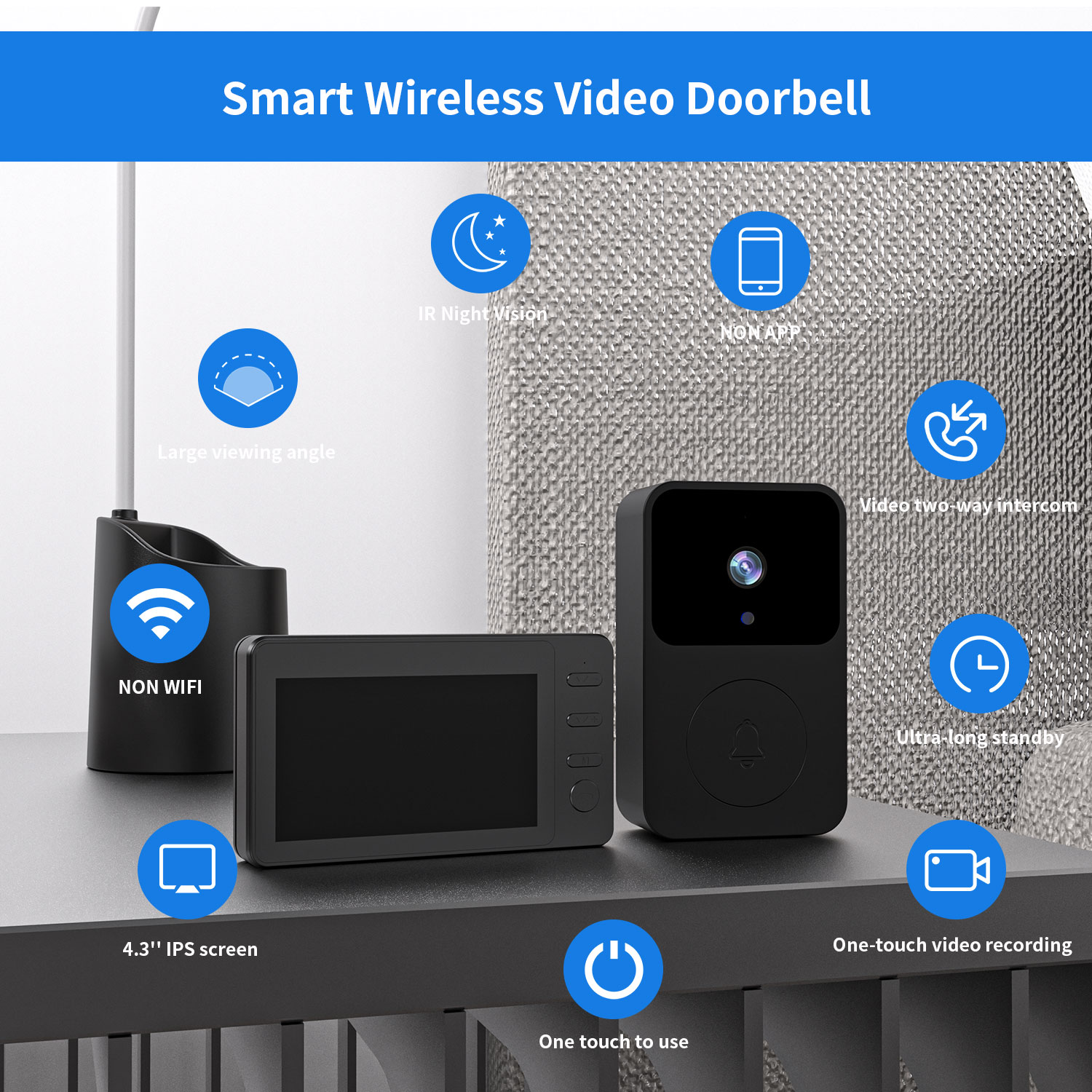 Wireless Smart Video Doorbell Camera with 4.3" IPS Monitor, No WiFi No App Doorbell Camera, Two-Way Audio, IR Night Vision, 80m Long Range, Easy Installation Home Security Doorbell System