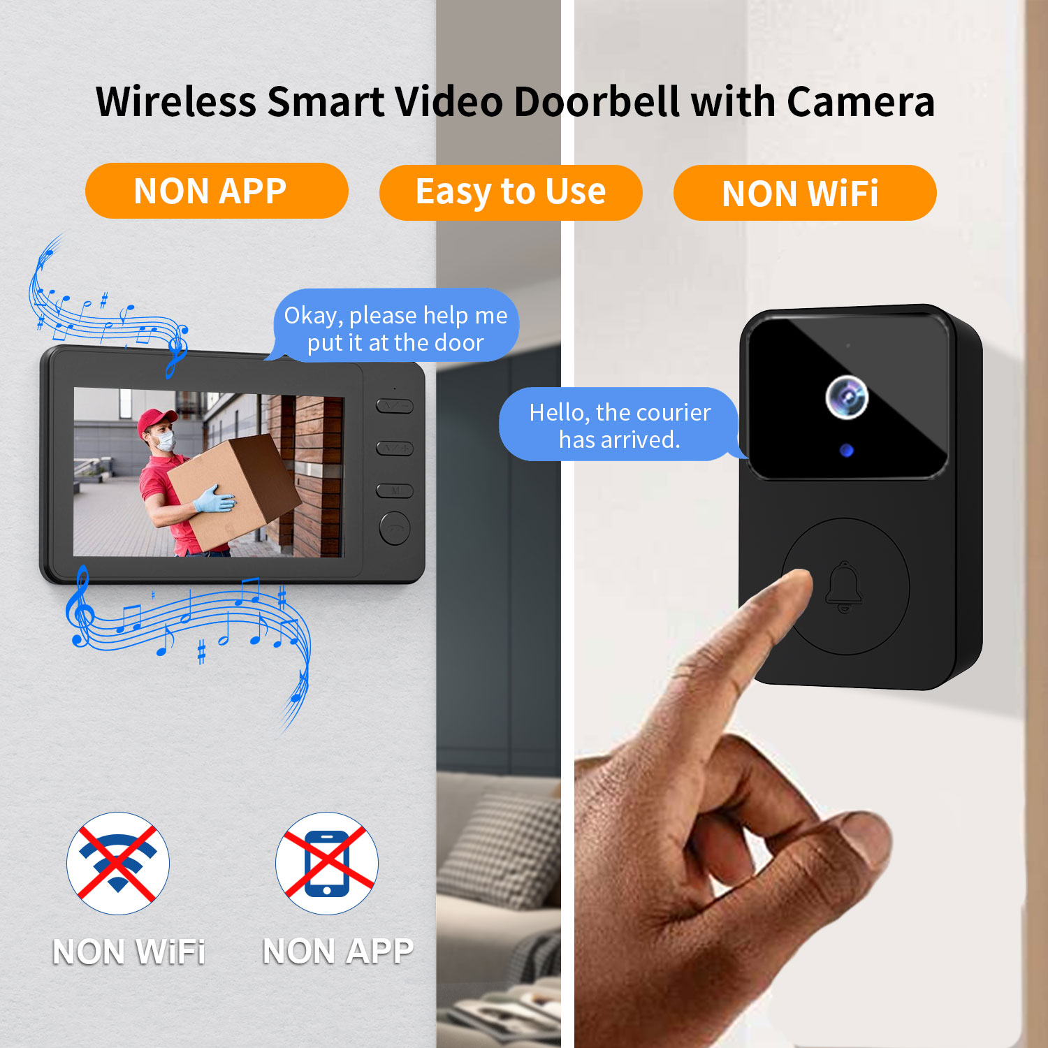 Wireless Smart Video Doorbell Camera with 4.3" IPS Monitor, No WiFi No App Doorbell Camera, Two-Way Audio, IR Night Vision, 80m Long Range, Easy Installation Home Security Doorbell System