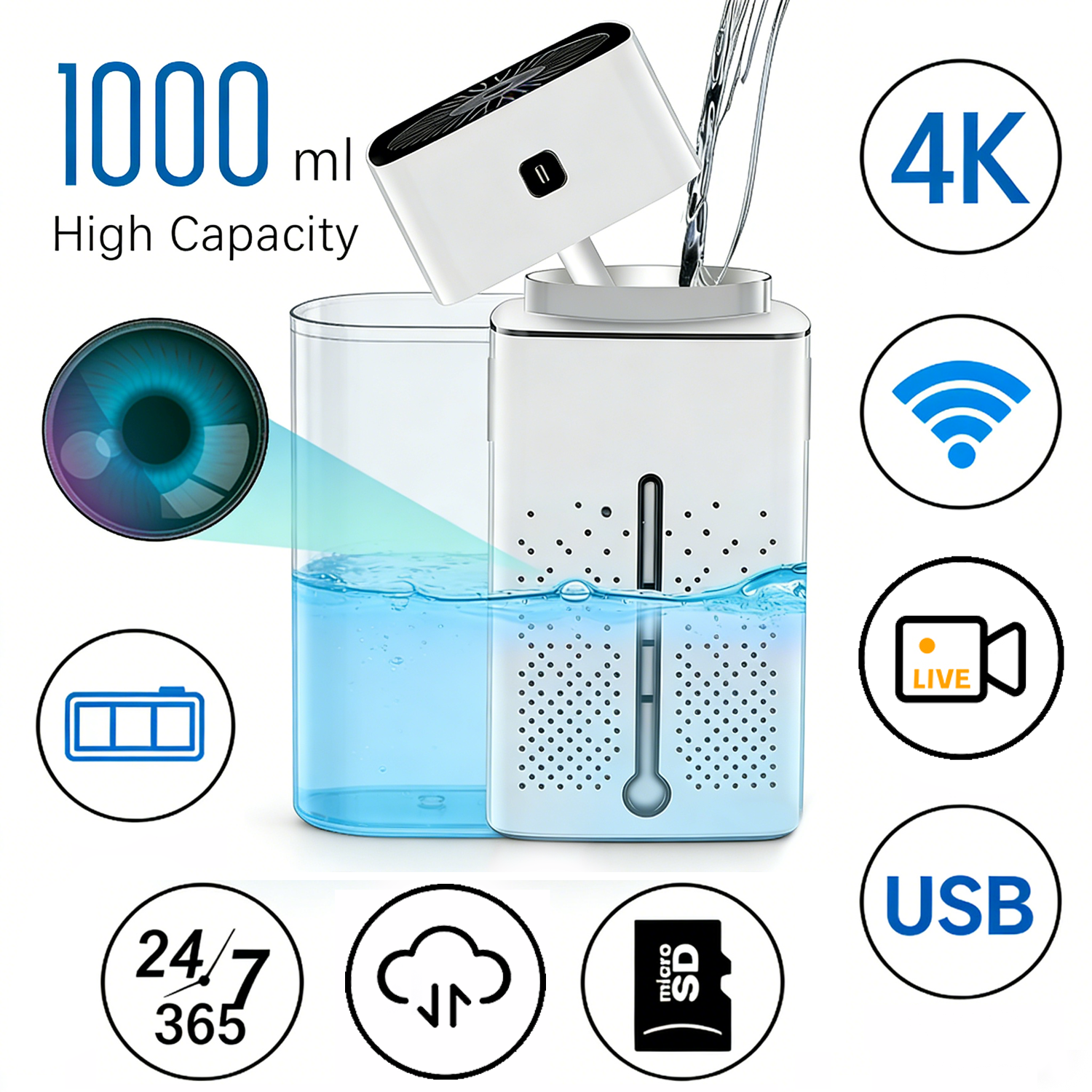 2-in-1 Smart Humidifier & Hidden Camera 1000ml High Capacity + 4K HD Recording — Monitor Your Home While You Sleep