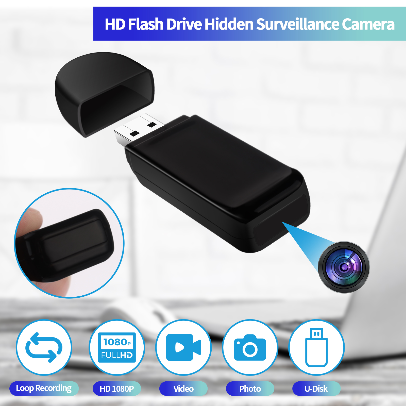 32GB USB Flash Drive Hidden Camera with Full HD 1080P Recording, Loop Video, and Touch Sensor for Home and Office Surveillance