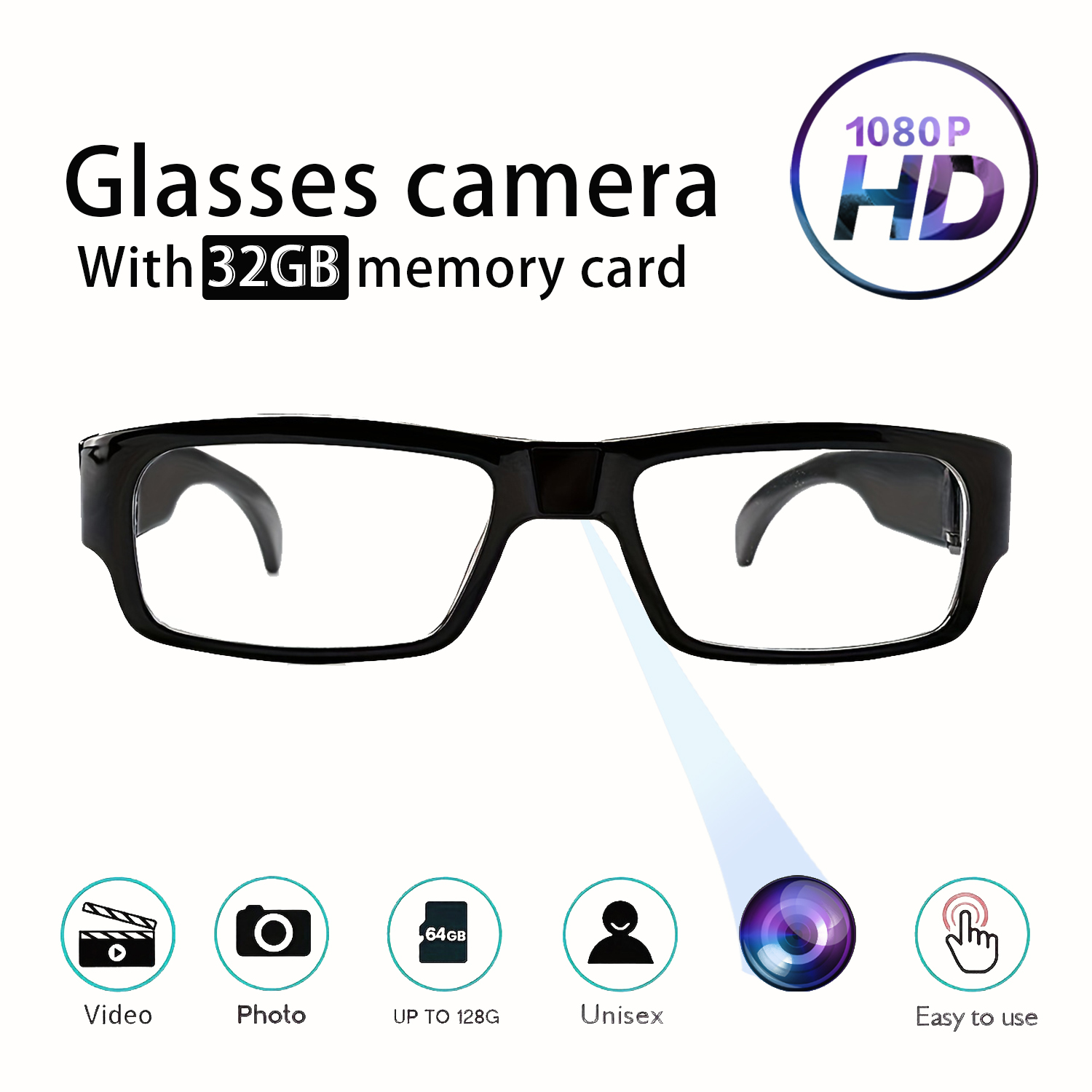 HD Smart Camera Glasses with Motion Detection, Hands-Free Recording & 32GB SD Card Support