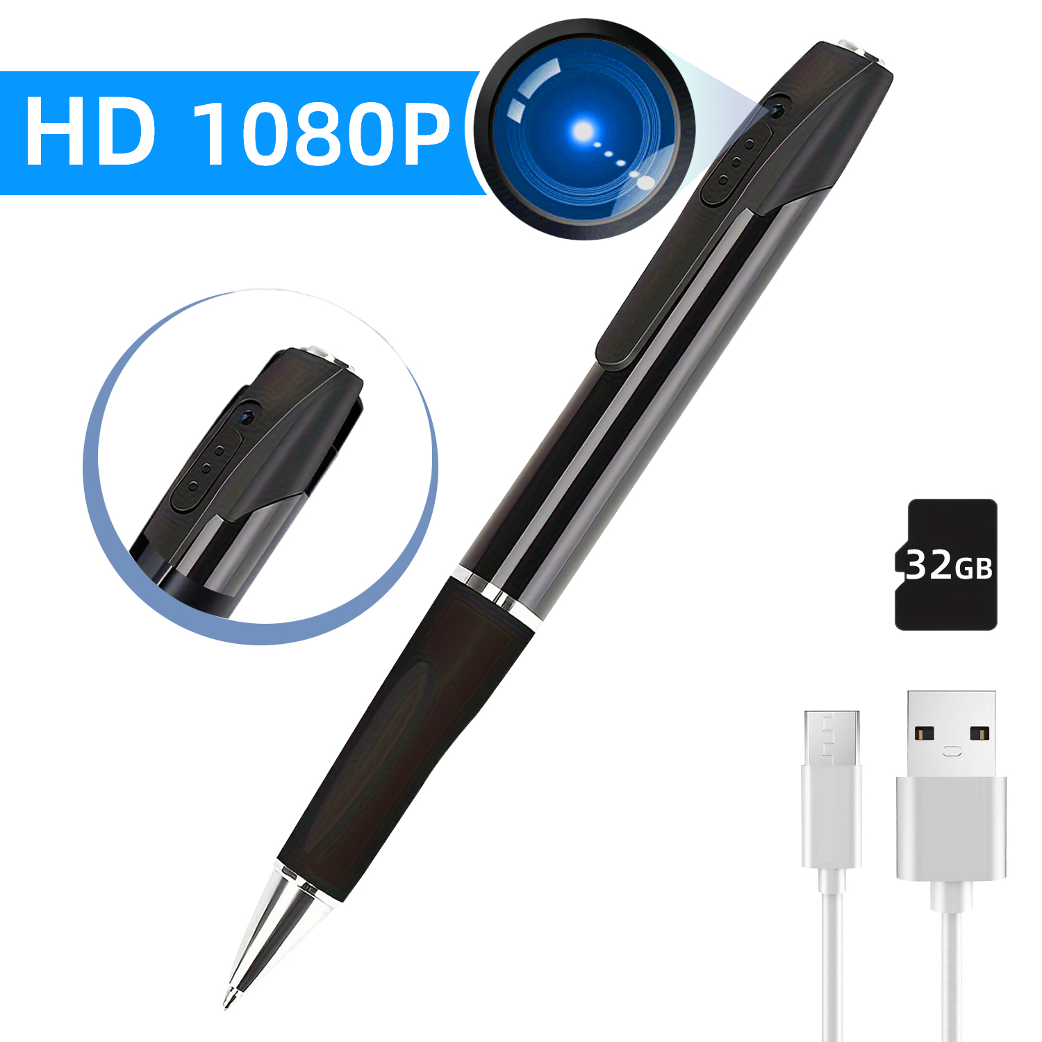 Mini 1080P Pen Camera with 32GB/64GB Storage, Portable Writing Pen Camera with USB-C Connection, Motion Recording, Rechargeable Battery for Indoor Recording