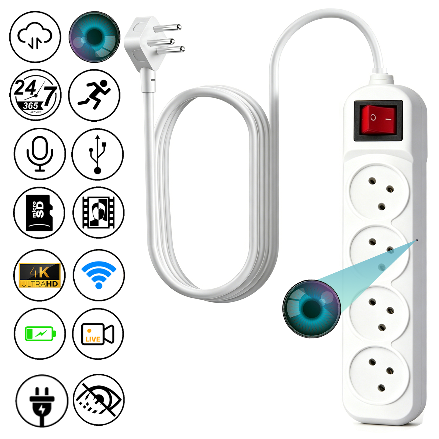 2-in-1 Power Strip Hidden Camera – Remote Viewing 24/7 | 4 Outlets for Home, Office & Travel