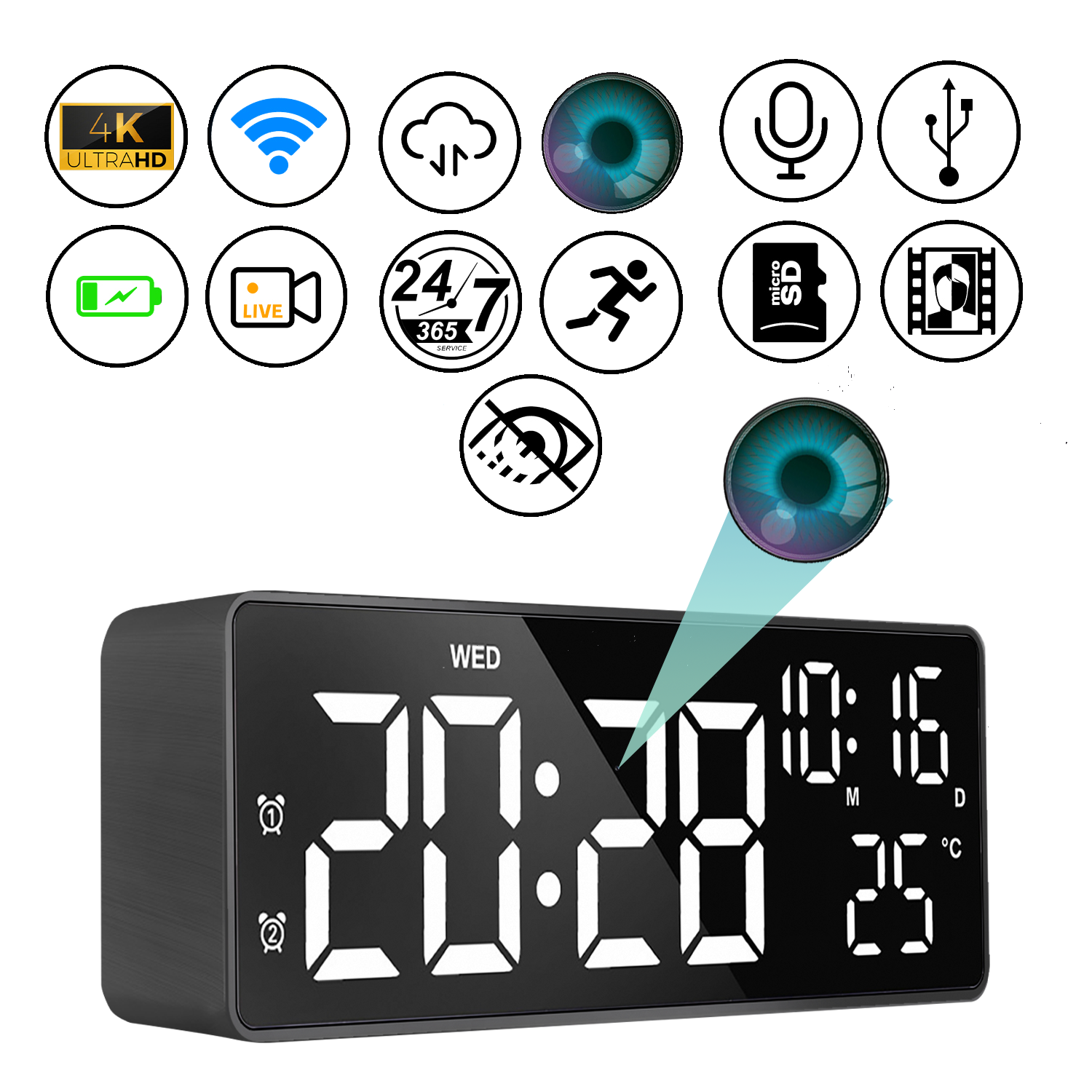 LED Alarm Clock with Hidden Camera, Motion Detection & Night Vision
