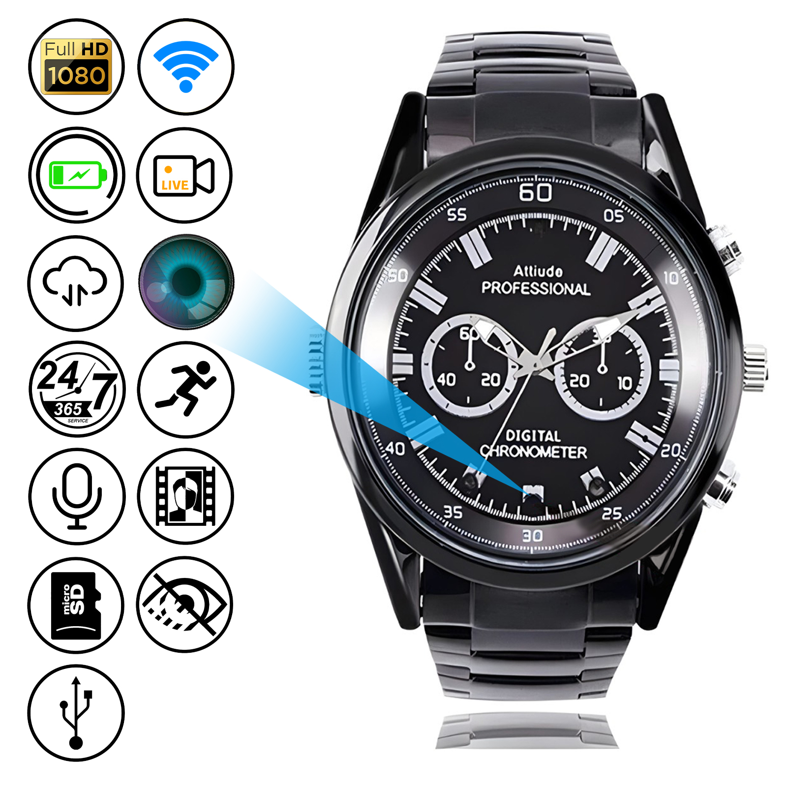 HD Waterproof Spy Watch Camera with Playback – Classic Metal Design