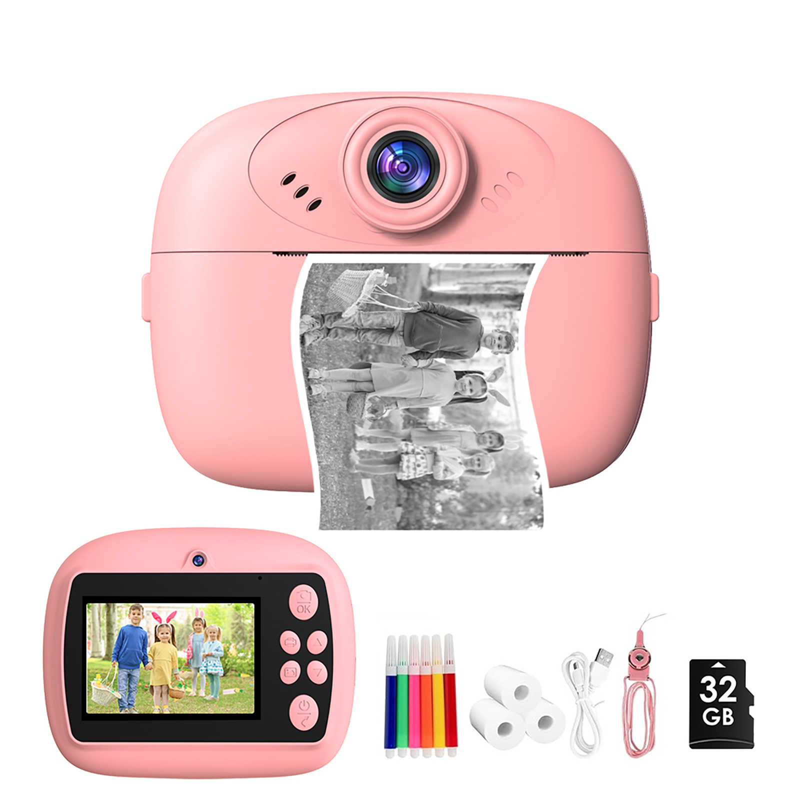 Kids Instant Print Camera with 1080P Video, Dual Lens, 2.4" IPS Screen, 32GB Card, Photo Printing, Puzzle Games & MP3 Player – Portable Toy Camera for Children