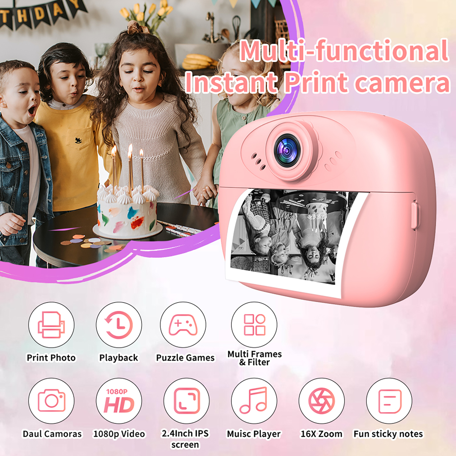 Kids Instant Print Camera with 1080P Video, Dual Lens, 2.4" IPS Screen, 32GB Card, Photo Printing, Puzzle Games & MP3 Player – Portable Toy Camera for Children
