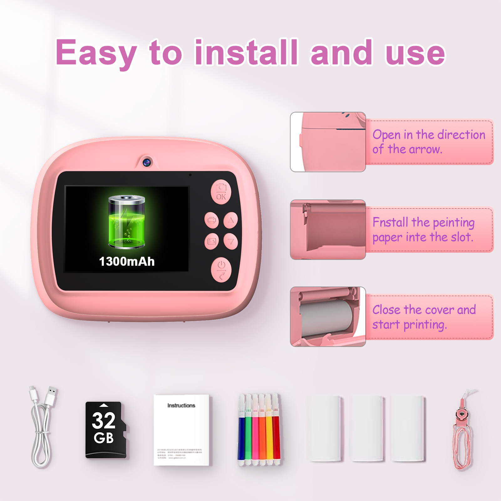 Kids Instant Print Camera with 1080P Video, Dual Lens, 2.4" IPS Screen, 32GB Card, Photo Printing, Puzzle Games & MP3 Player – Portable Toy Camera for Children