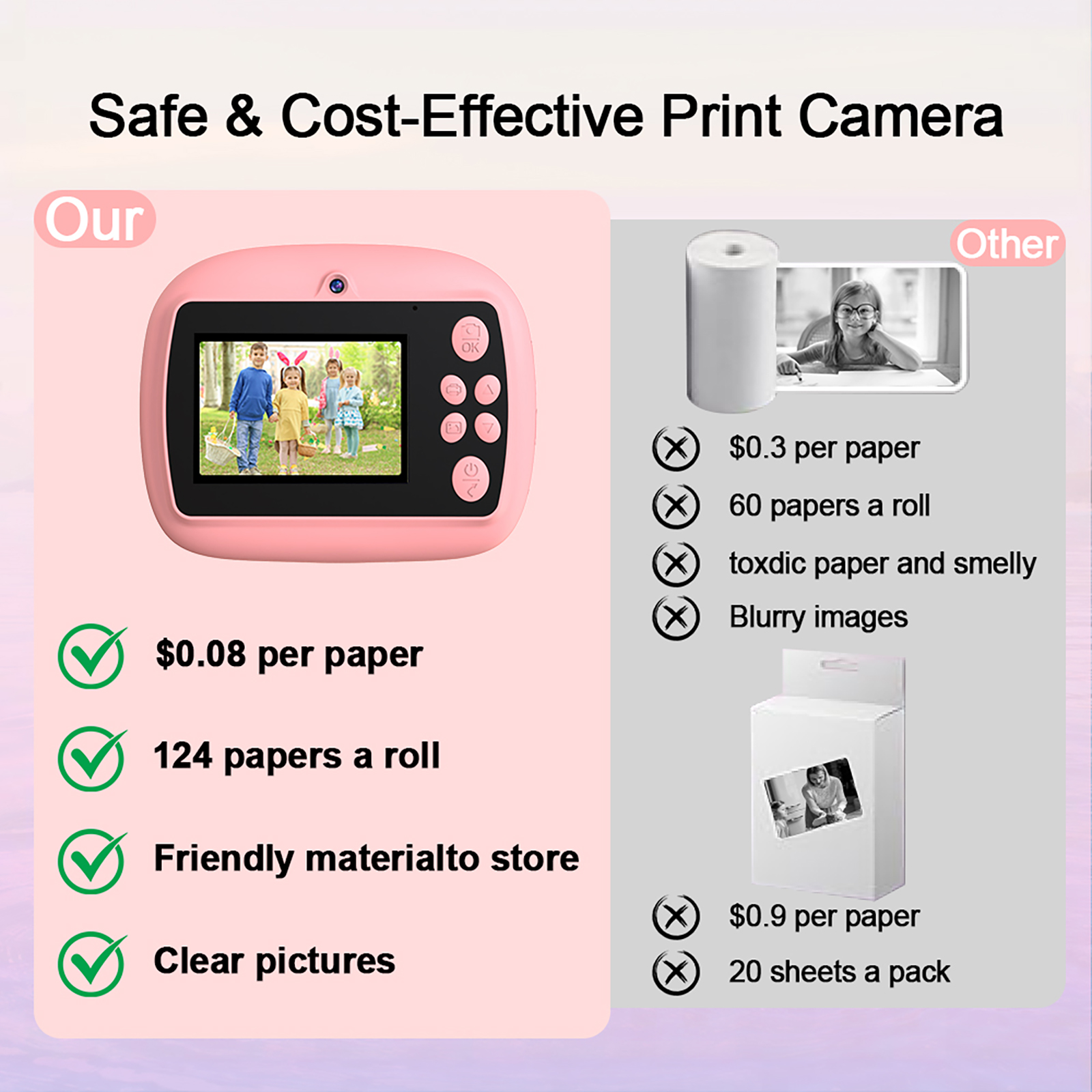 Kids Instant Print Camera with 1080P Video, Dual Lens, 2.4" IPS Screen, 32GB Card, Photo Printing, Puzzle Games & MP3 Player – Portable Toy Camera for Children