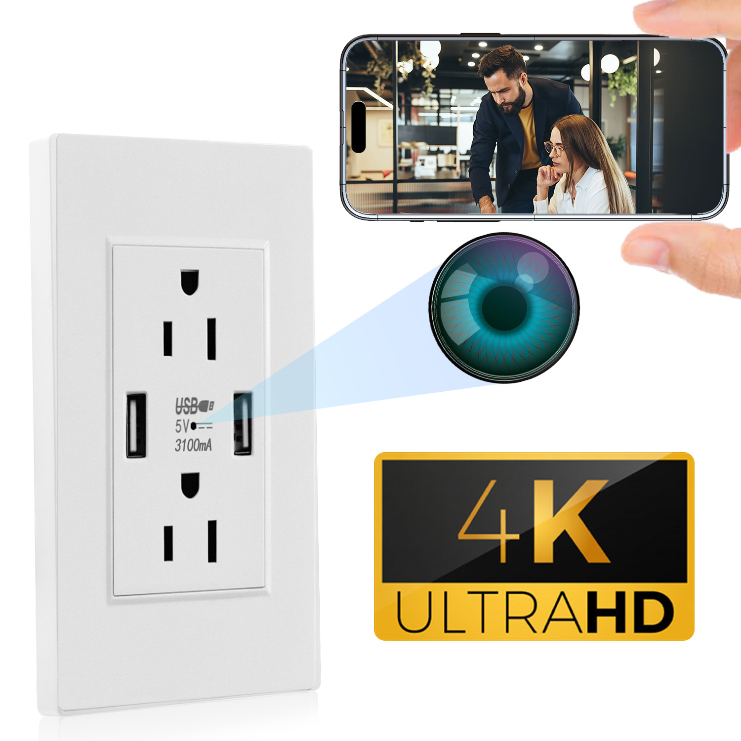 Smart Wall Outlet with 120° Hidden Camera and Dual USB Ports, Built-in Spy Camera Charger Socket for Home Security