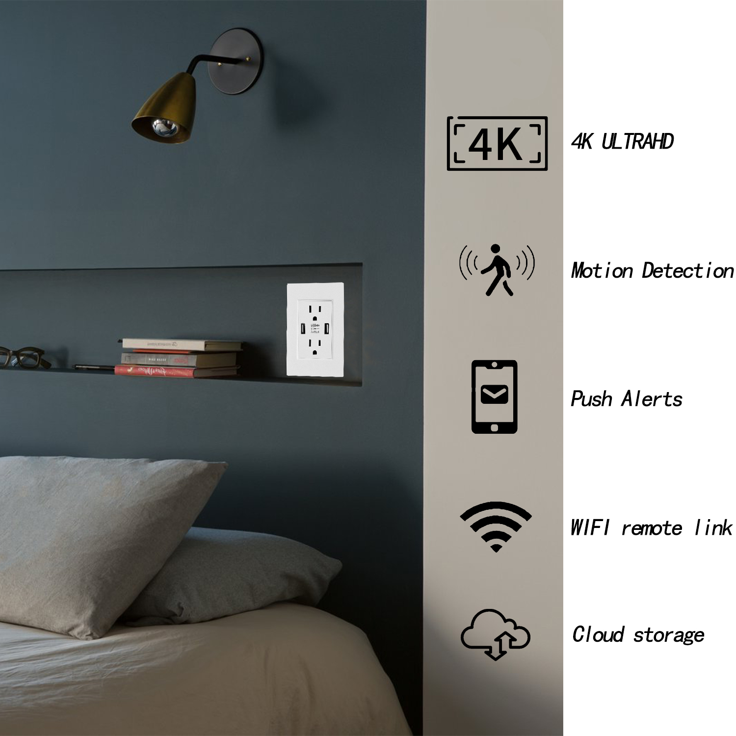 Smart Wall Outlet with 120° Hidden Camera and Dual USB Ports, Built-in Spy Camera Charger Socket for Home Security