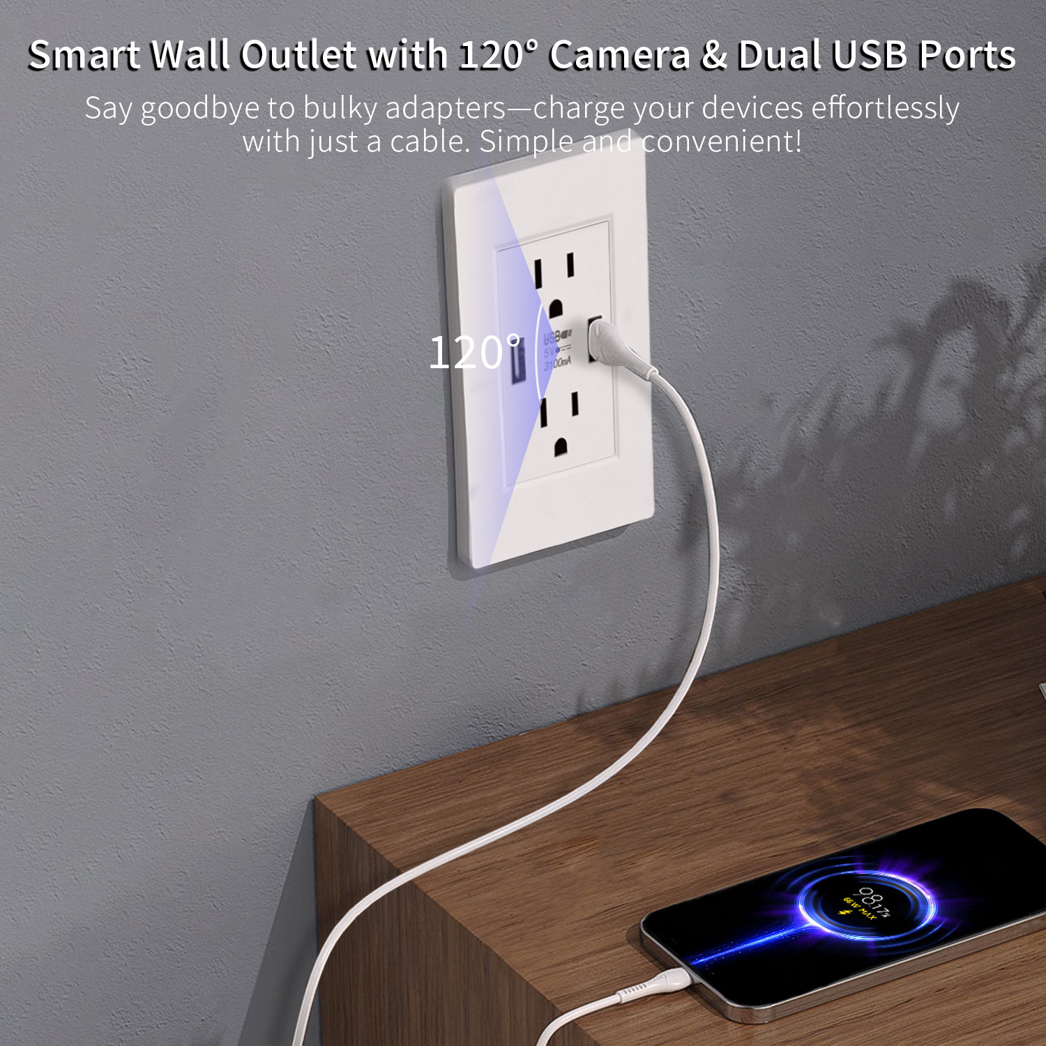 Smart Wall Outlet with 120° Hidden Camera and Dual USB Ports, Built-in Spy Camera Charger Socket for Home Security