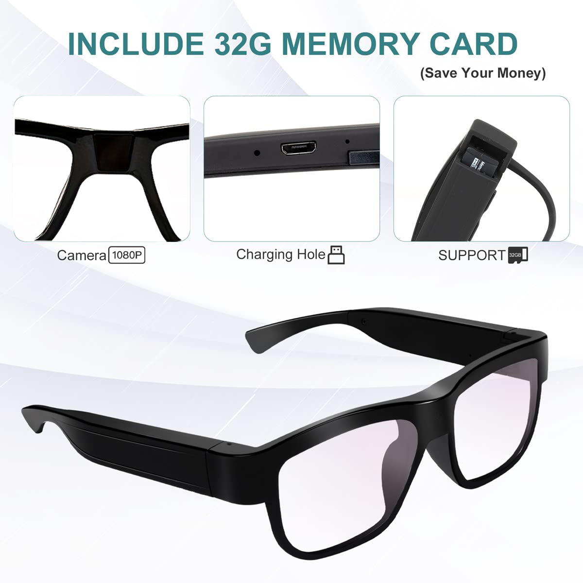 HD Smart Camera Glasses with Motion Detection, Hands-Free Recording & 32GB SD Card Support