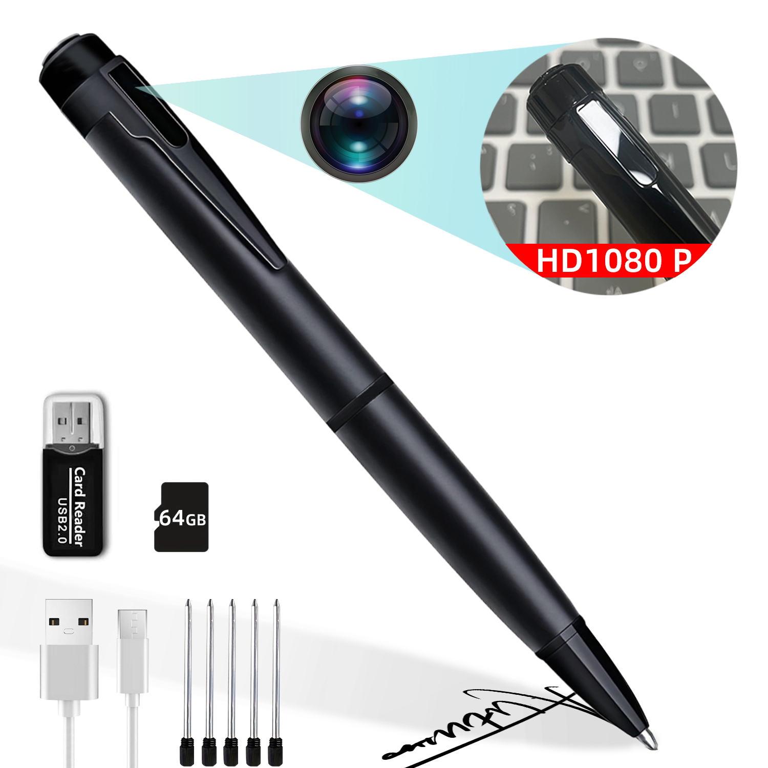 Mini 1080P Pen Camera Recorder with One-Button Operation, Portable Writing Pen Camera with 200mAh Rechargeable Battery, Easy Recording for Meetings, Lectures and Daily Use
