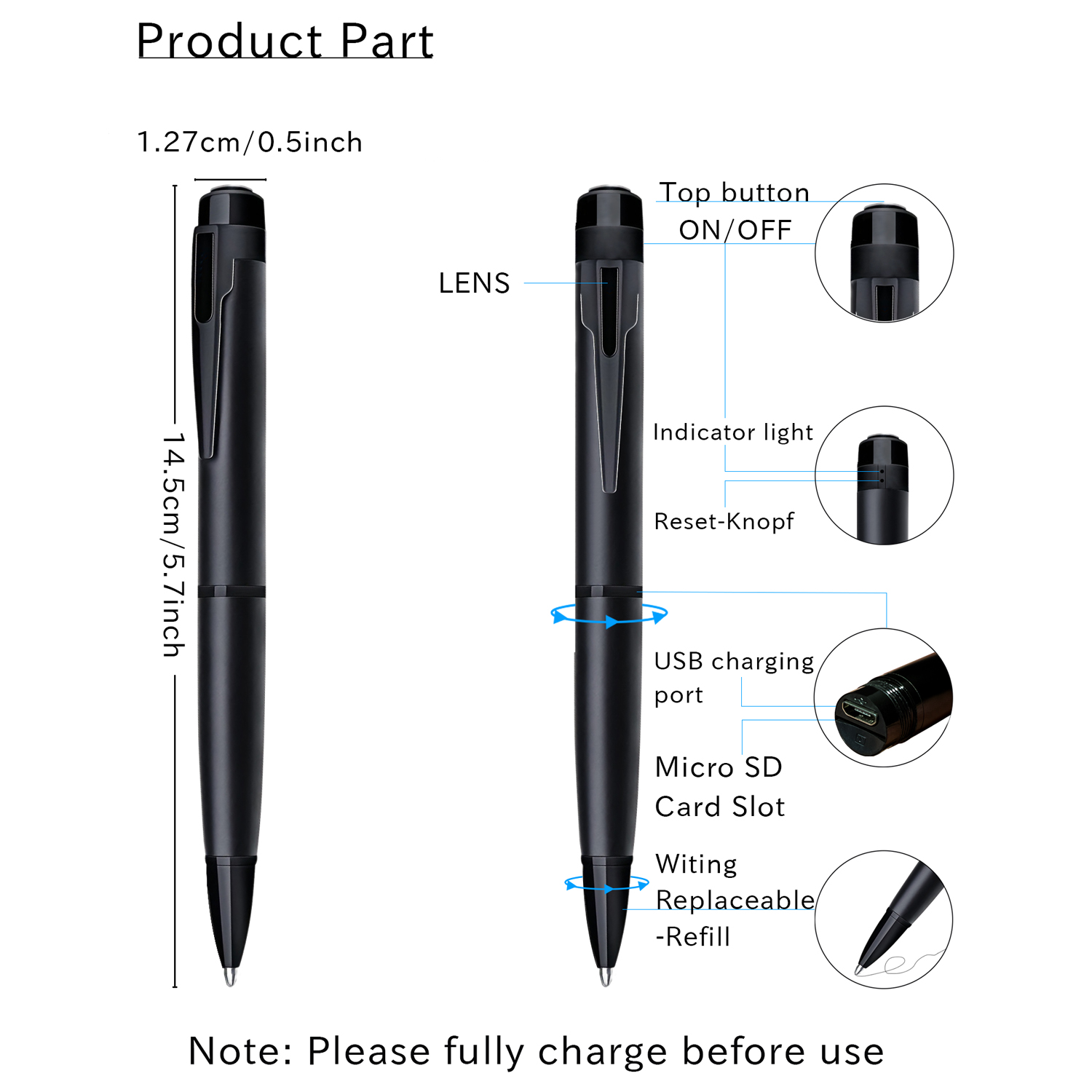 Mini 1080P Pen Camera Recorder with One-Button Operation, Portable Writing Pen Camera with 200mAh Rechargeable Battery, Easy Recording for Meetings, Lectures and Daily Use