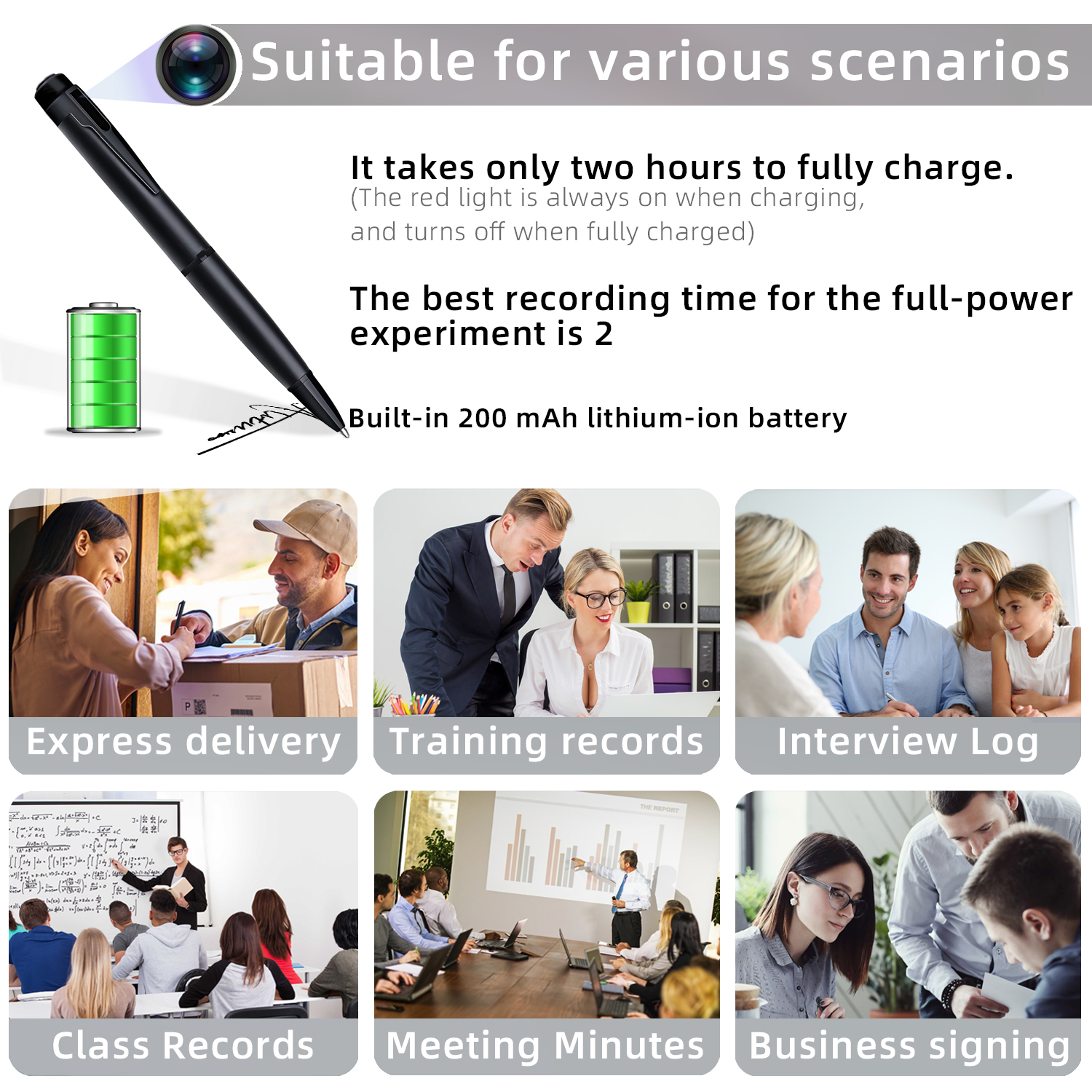Mini 1080P Pen Camera Recorder with One-Button Operation, Portable Writing Pen Camera with 200mAh Rechargeable Battery, Easy Recording for Meetings, Lectures and Daily Use