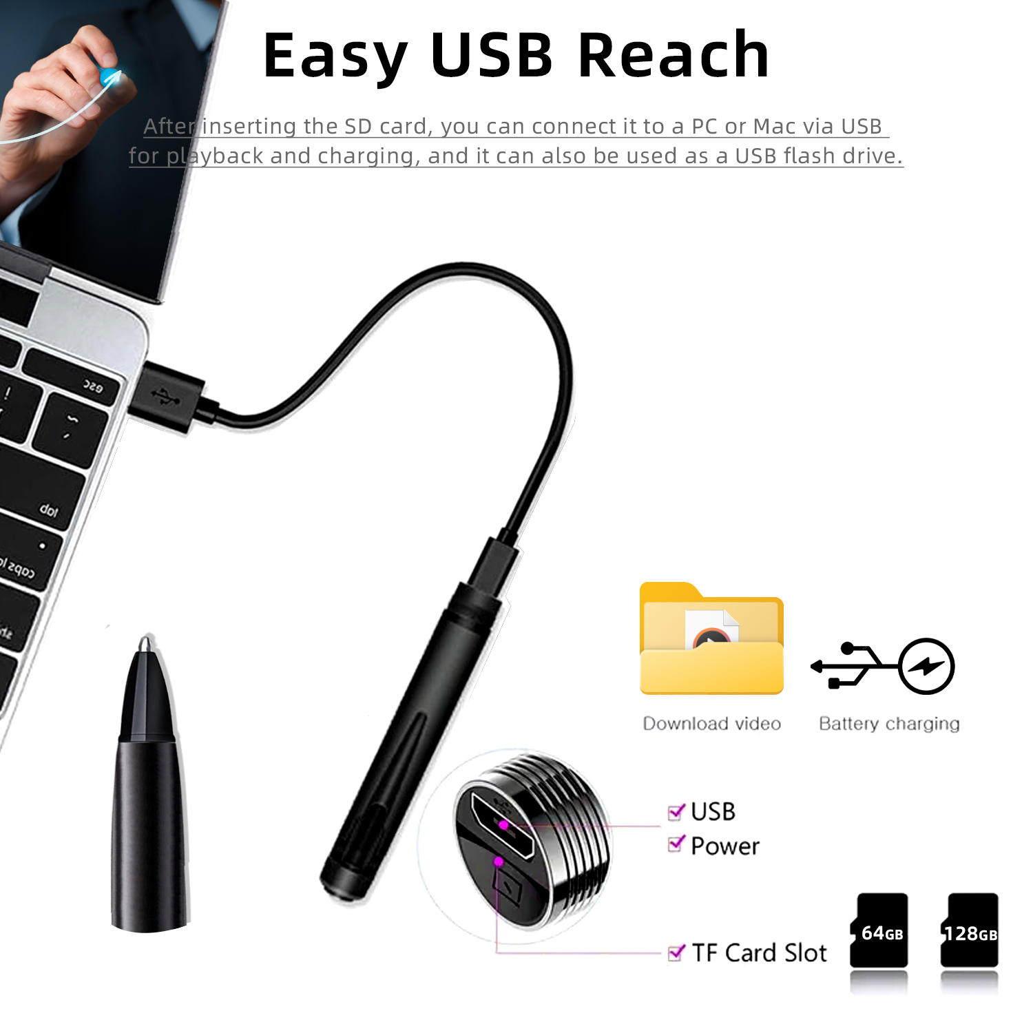 Mini 1080P Pen Camera Recorder with One-Button Operation, Portable Writing Pen Camera with 200mAh Rechargeable Battery, Easy Recording for Meetings, Lectures and Daily Use