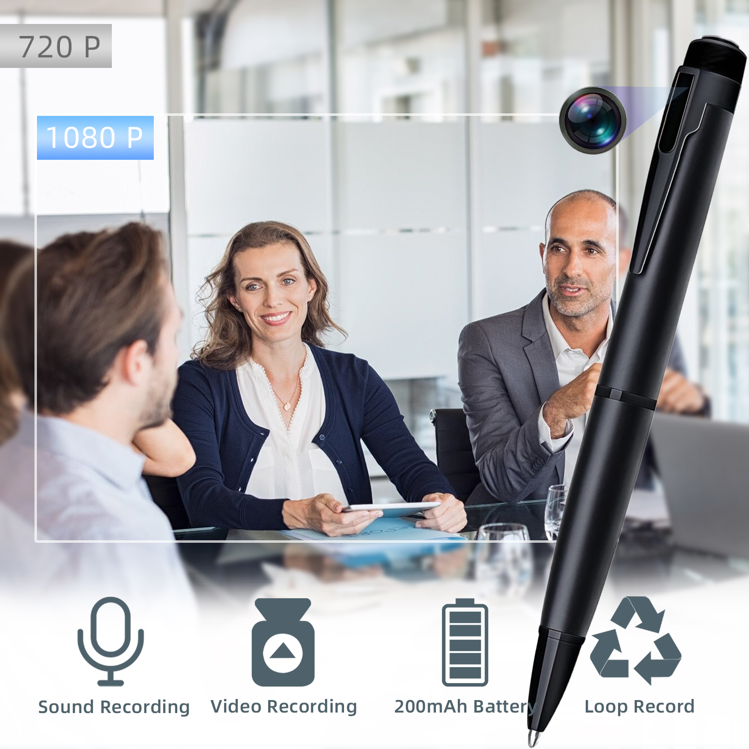Mini 1080P Pen Camera Recorder with One-Button Operation, Portable Writing Pen Camera with 200mAh Rechargeable Battery, Easy Recording for Meetings, Lectures and Daily Use