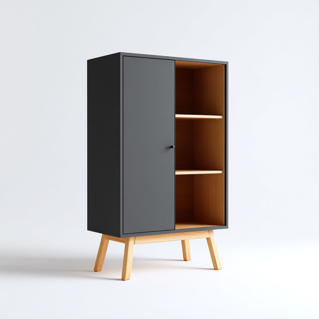 Mobile bagno in legno 55x35x120 cm - grigio antracite-legno naturale - design moderno con anta e ripiani-Oakmynest