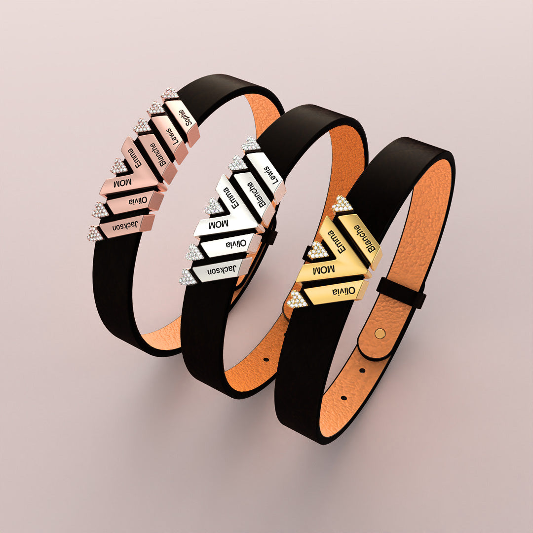 Mother's Day Gift Personalized Leather V Bracelet With Diamond Charms for Grandma/Mom/Dad