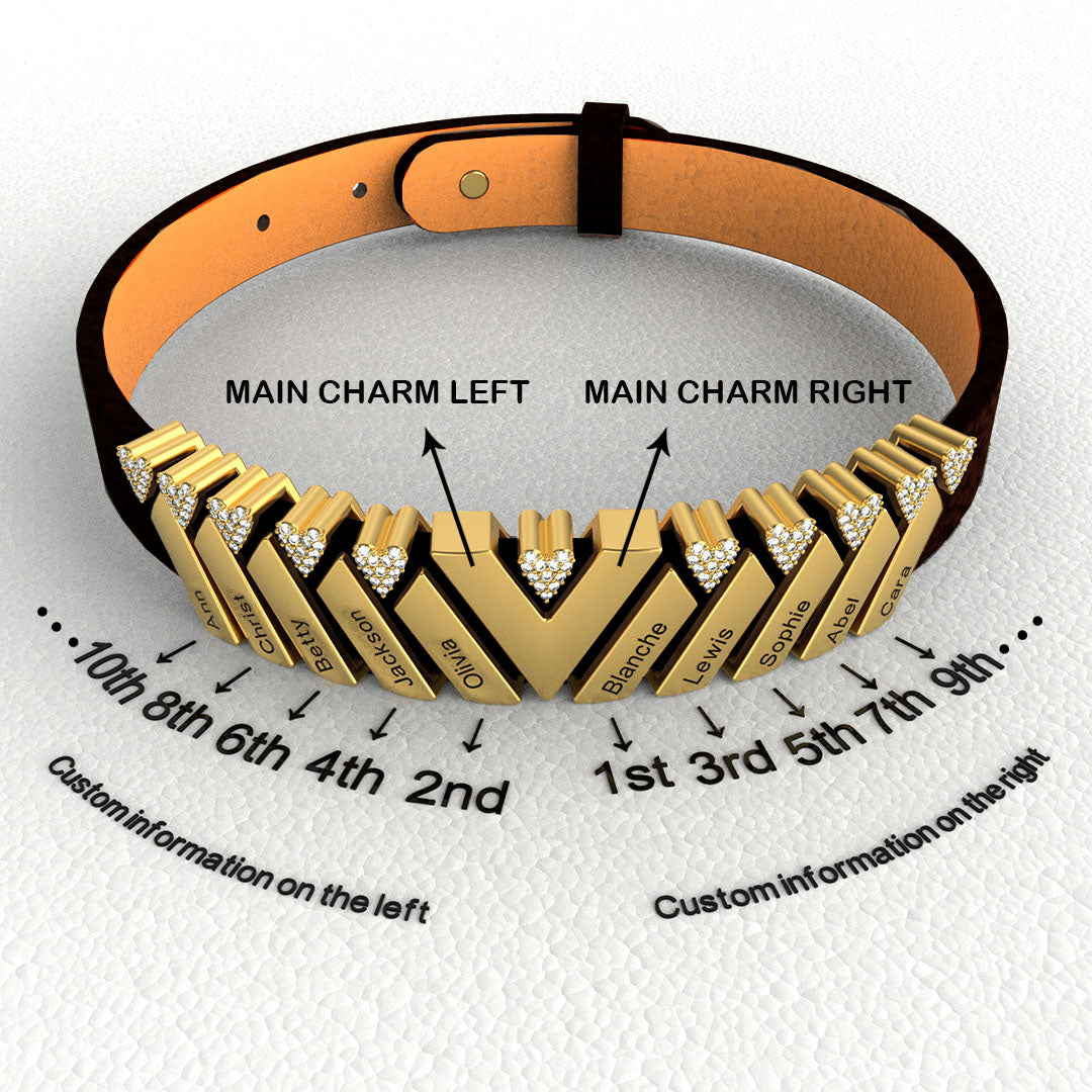 Mother's Day Gift Personalized Leather V Bracelet With Diamond Charms for Grandma/Mom/Dad