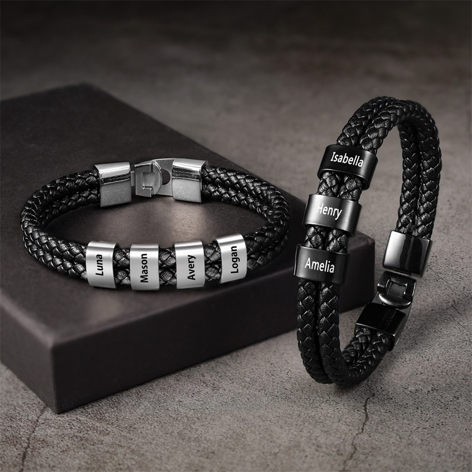Father's Day🎁 Men Leather Bracelet with Engraved Beads