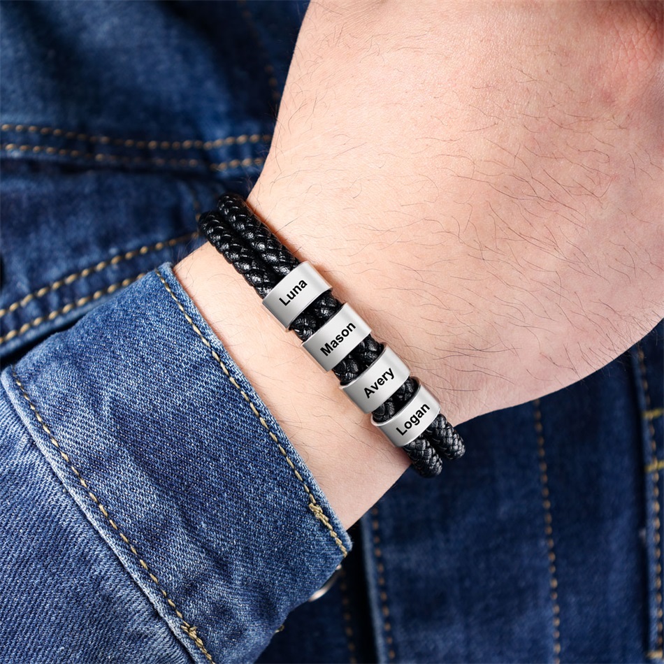 Father's Day🎁 Men Leather Bracelet with Engraved Beads